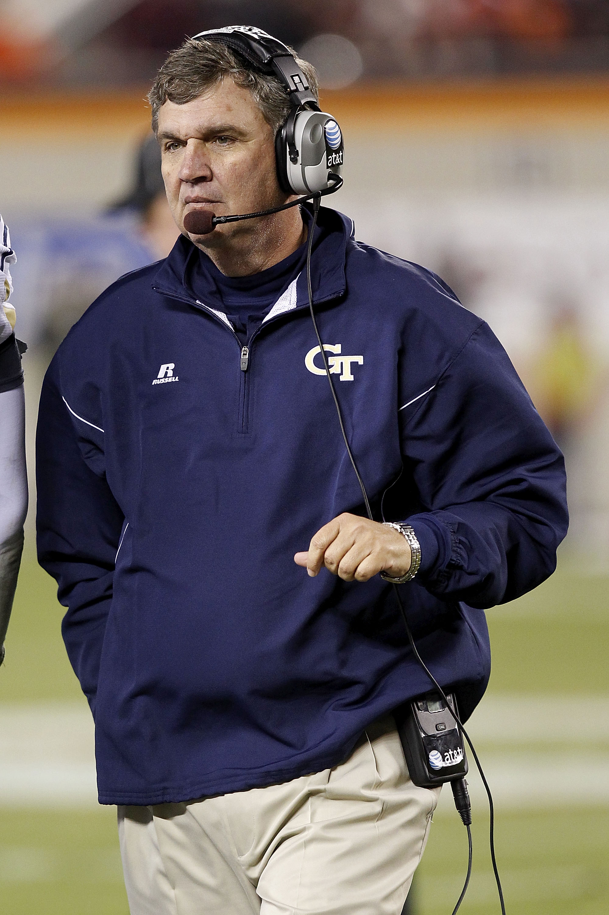 BLACKSBURG, VA - NOVEMBER 04: Head coach Paul Johnson of the Georgia Tech Yellow Jackets stands on the sidelines against the Virginia Tech Hokies at Lane Stadium on November 4, 2010 in Blacksburg, Virginia.  (Photo by Geoff Burke/Getty Images)