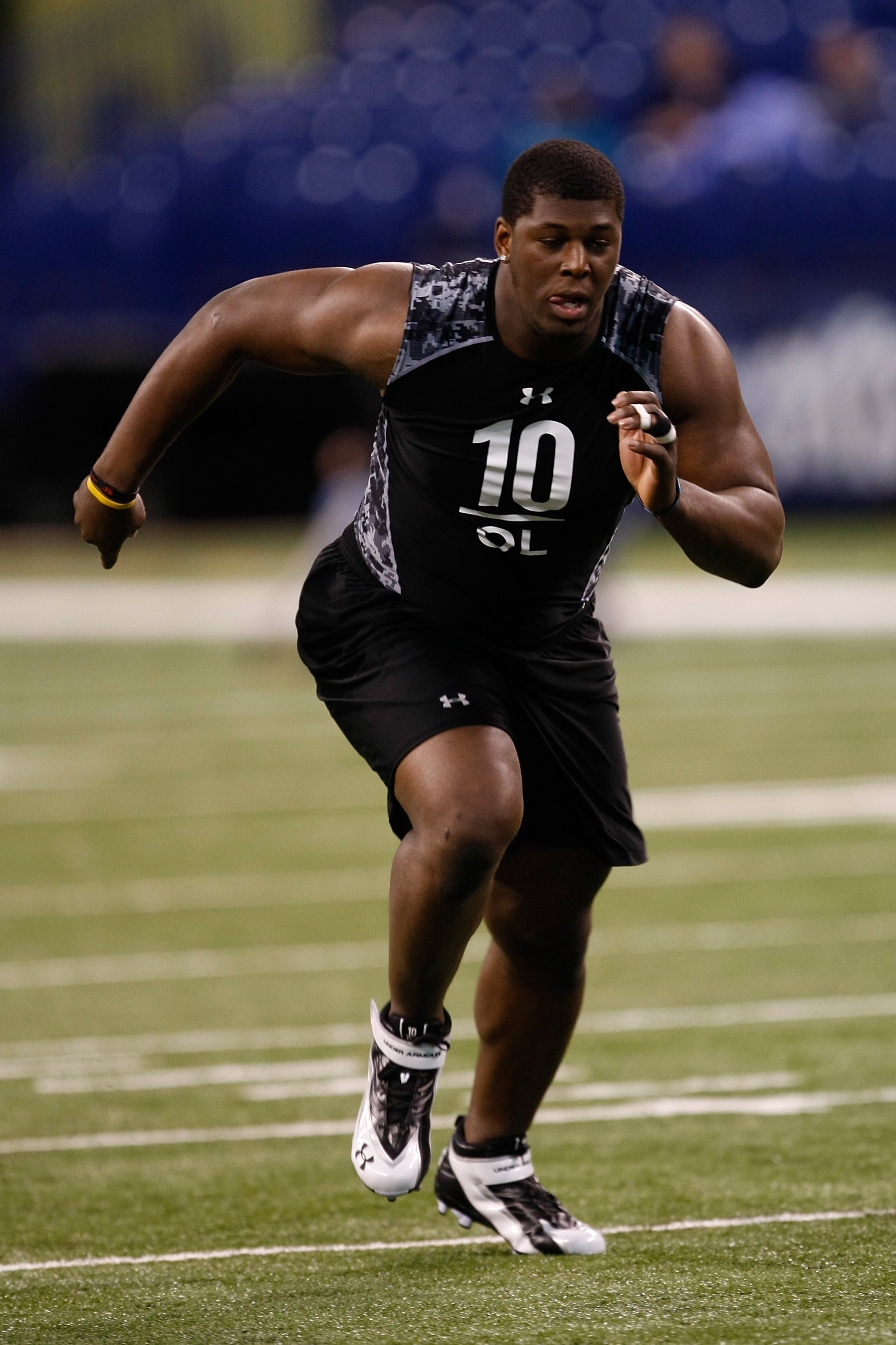 INDIANAPOLIS, IN - FEBRUARY 27: Offensive lineman Selvish Capers of West Virginia runs during the NFL Scouting Combine presented by Under Armour at Lucas Oil Stadium on February 27, 2010 in Indianapolis, Indiana. (Photo by Scott Boehm/Getty Images)