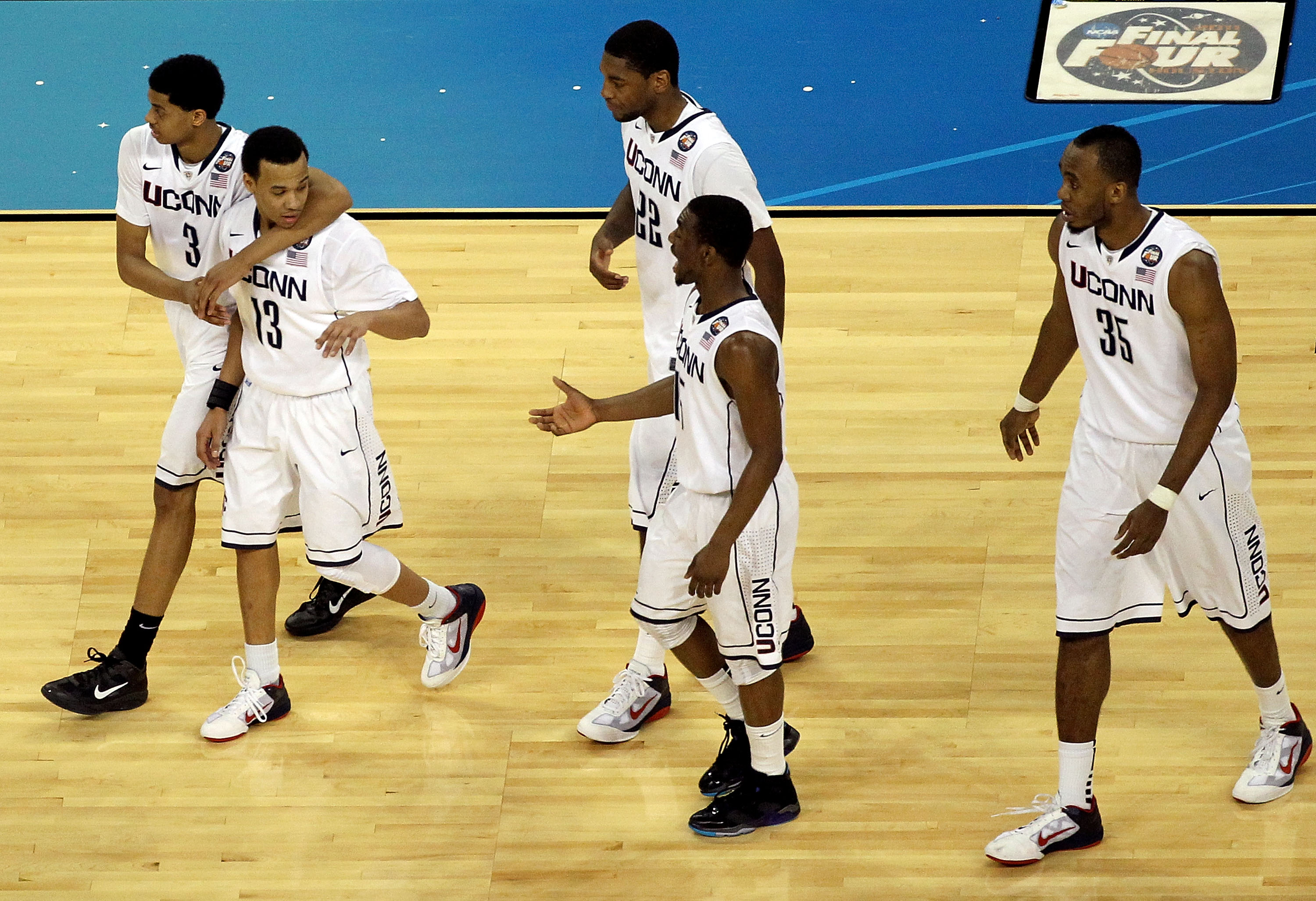 HOUSTON, TX - APRIL 02:  Jeremy Lamb #3, Shabazz Napier #13, Roscoe Smith #22, Kemba Walker #15 and Charles Okwandu #35 of the Connecticut Huskies during the National Semifinal game of the 2011 NCAA Division I Men's Basketball Championship at Reliant Stad