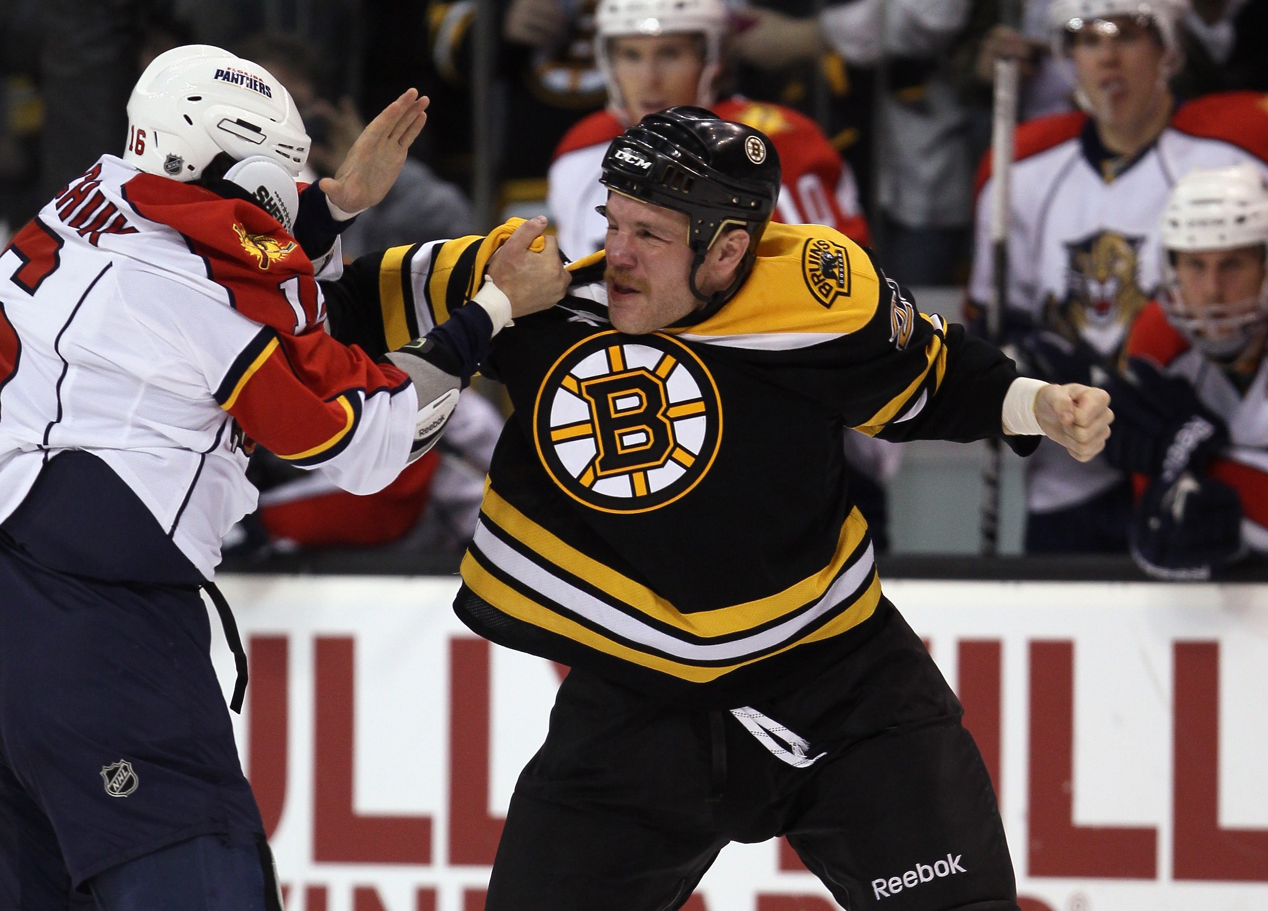 BOSTON - NOVEMBER 18:  Shawn Thornton #22 of the Boston Bruins and Darcy Hordichuk #16 of the Florida Panther exchange punches on November 18, 2010 at the TD Garden in Boston, Massachusetts.  (Photo by Elsa/Getty Images)