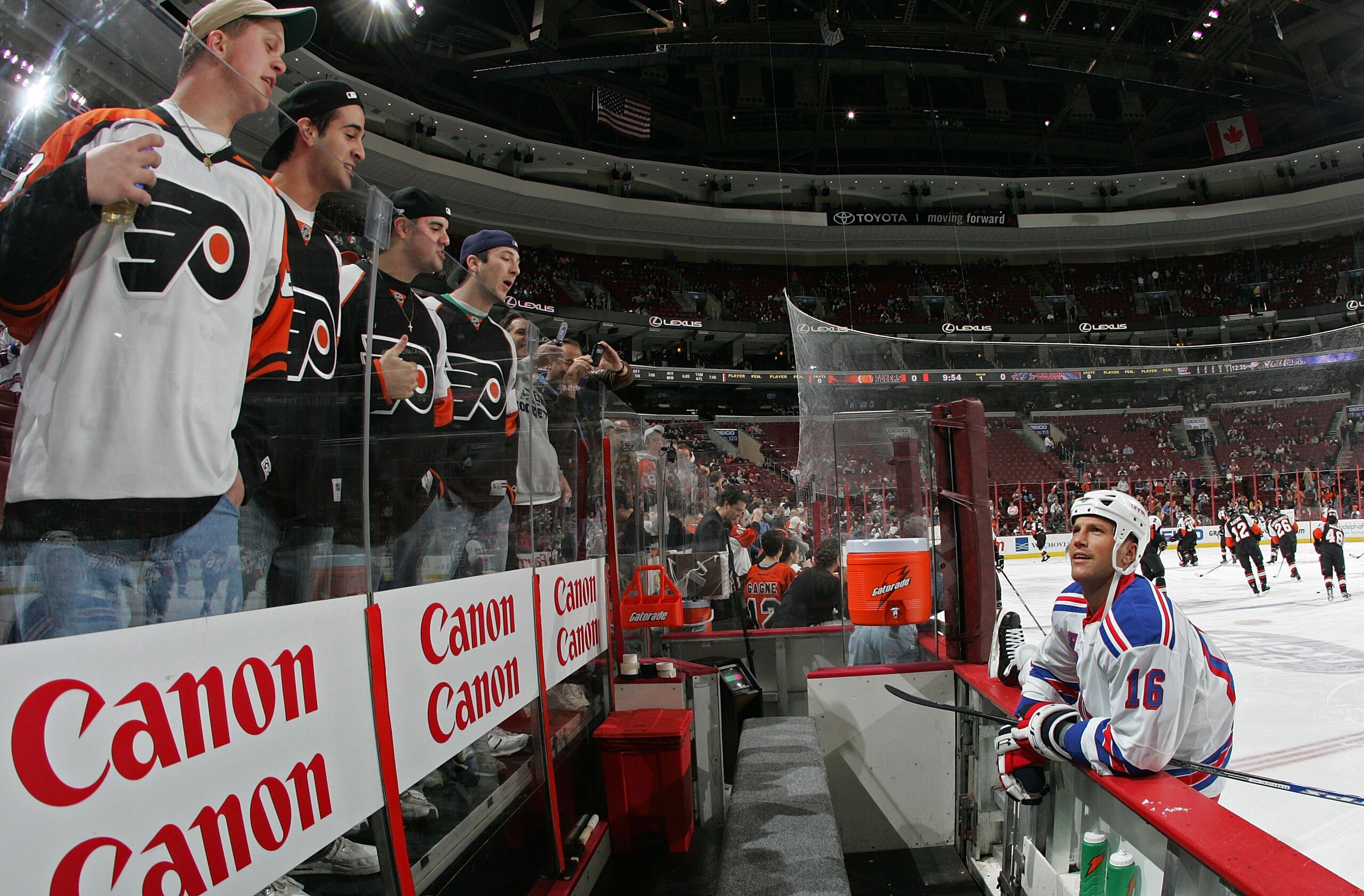 PHILADELPHIA - FEBRUARY 09:  Sean Avery #16 of the New York Rangers chats with Flyer fans during warmups prior to his game against the Philadelphia Flyers on February 9, 2008 at the Wachovia Center in Philadelphia, Pennsylvania.  (Photo by Bruce Bennett/G