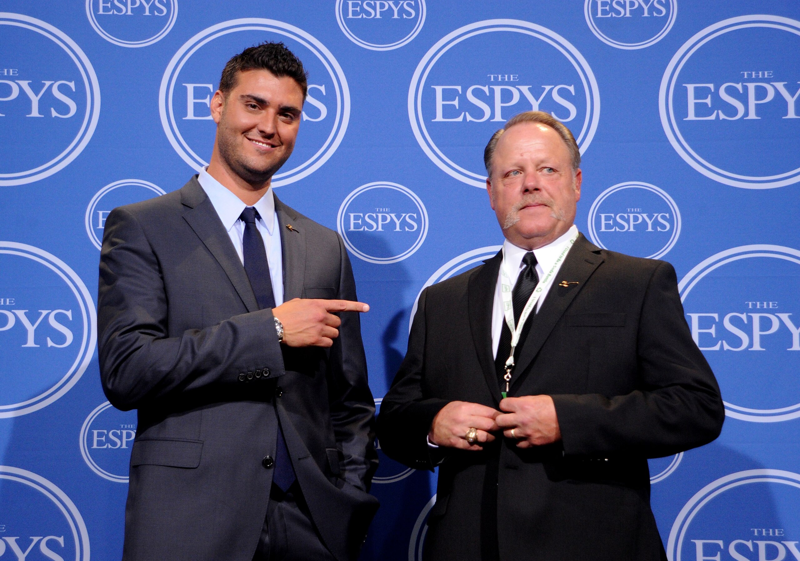 LOS ANGELES, CA - JULY 14:  MLB umpire Jim Joyce and pitcher Armando Gallaraga shake hands backstage during the 2010 ESPY Awards at Nokia Theatre L.A. Live on July 14, 2010 in Los Angeles, California.  (Photo by Jason Merritt/Getty Images)