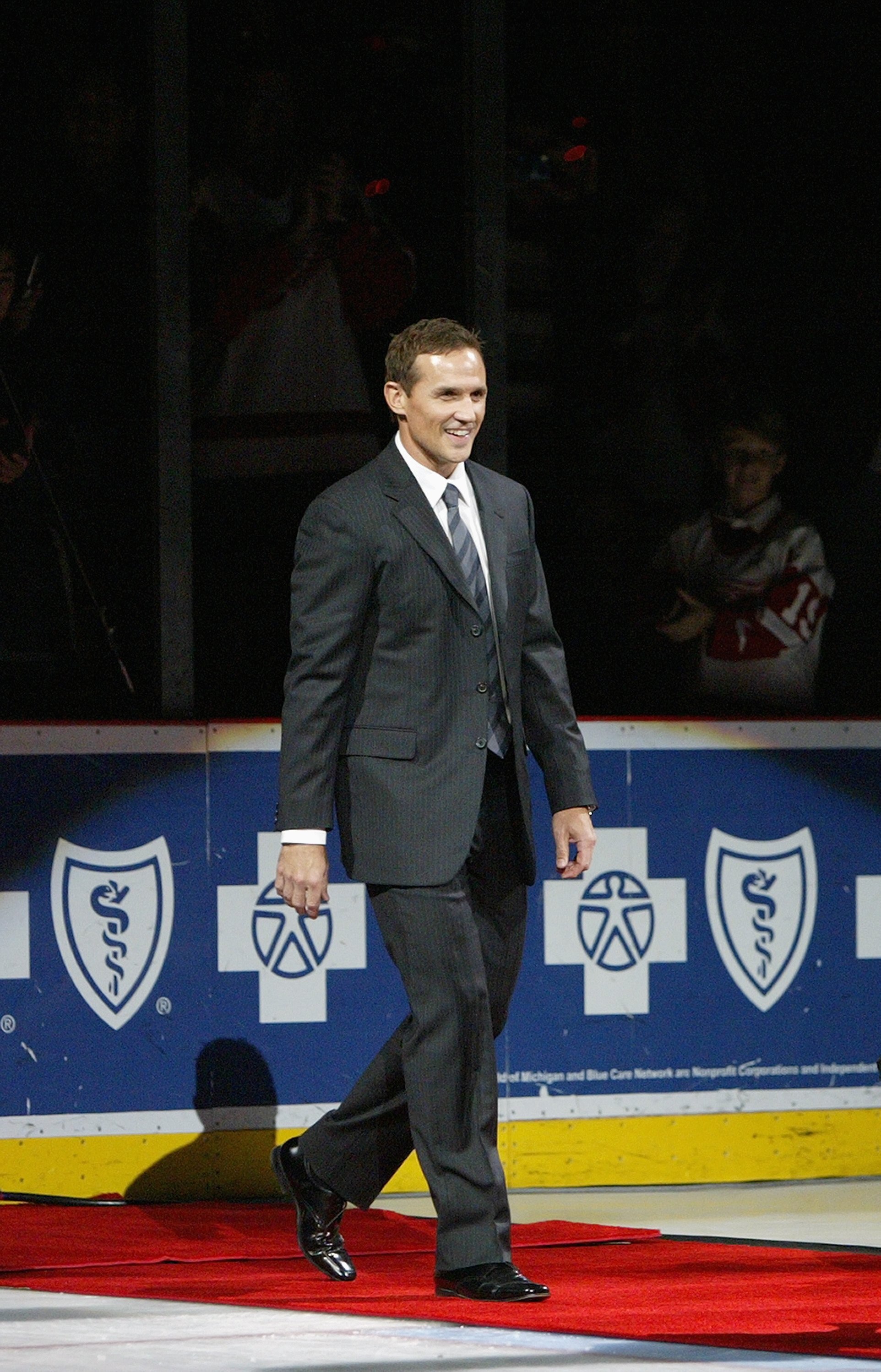 DETROIT - JANUARY 2:  Steve Yzerman walks onto the ice for his jersey retirement ceremony before the Detroit Red Wings game against the Anaheim Ducks at Joe Louis Arena on January 2, 2007 in Detroit, Michigan. The Red Wings won 2-1. (Photo by Dave Sandfor