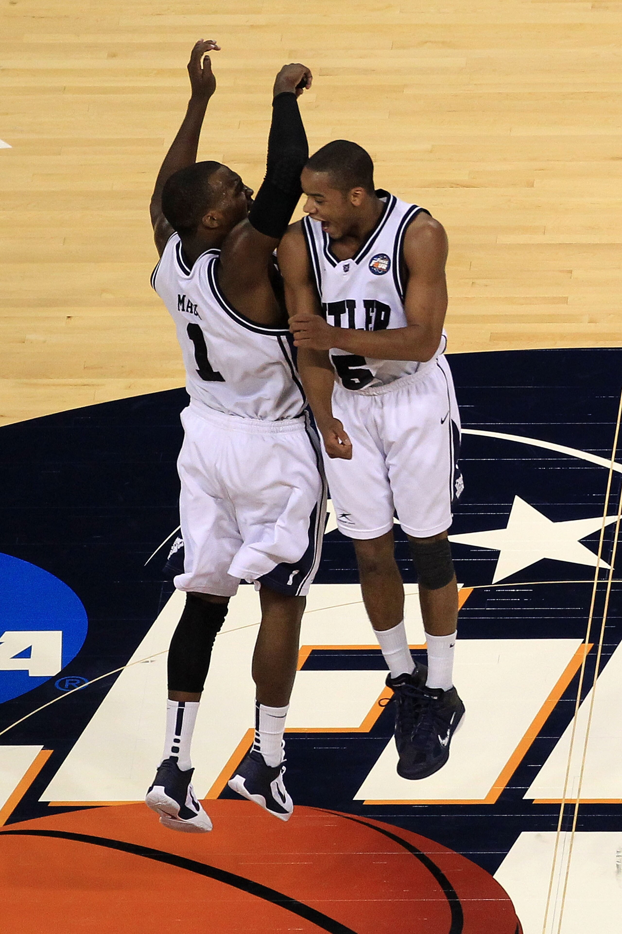 HOUSTON, TX - APRIL 02:  Shelvin Mack #1 and Ronald Nored #5 of the Butler Bulldogs celebrate after defeating the Virginia Commonwealth Rams during the National Semifinal game of the 2011 NCAA Division I Men's Basketball Championship at Reliant Stadium on