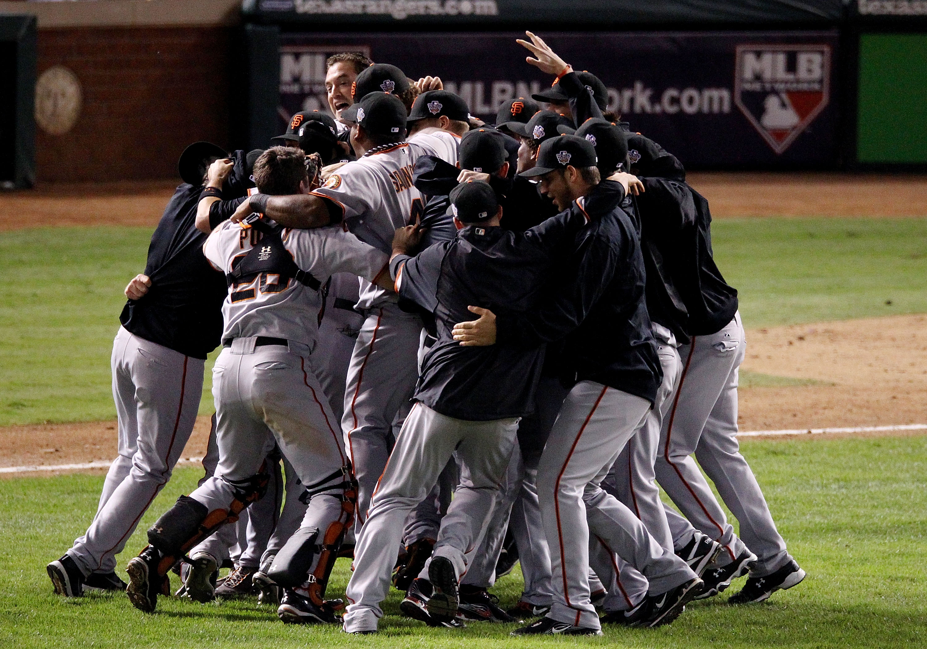 ARLINGTON, TX - NOVEMBER 01:  The San Francisco Giants celebrate defeating the Texas Rangers 3-1 to win the 2010 MLB World Series at Rangers Ballpark in Arlington on November 1, 2010 in Arlington, Texas.  (Photo by Christian Petersen/Getty Images)