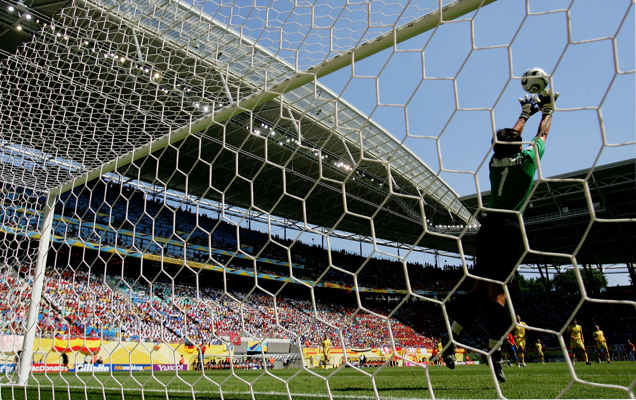 LEIPZIG, GERMANY - JUNE 14: Oleksandr Shovkovskyi of Ukraine makes a save during the FIFA World Cup Germany 2006 Group H match between Spain and Ukraine played at the Zentralstadion on June 14, 2006 in Leipzig, Germany. (Photo by Shaun Botterill/Getty Ima