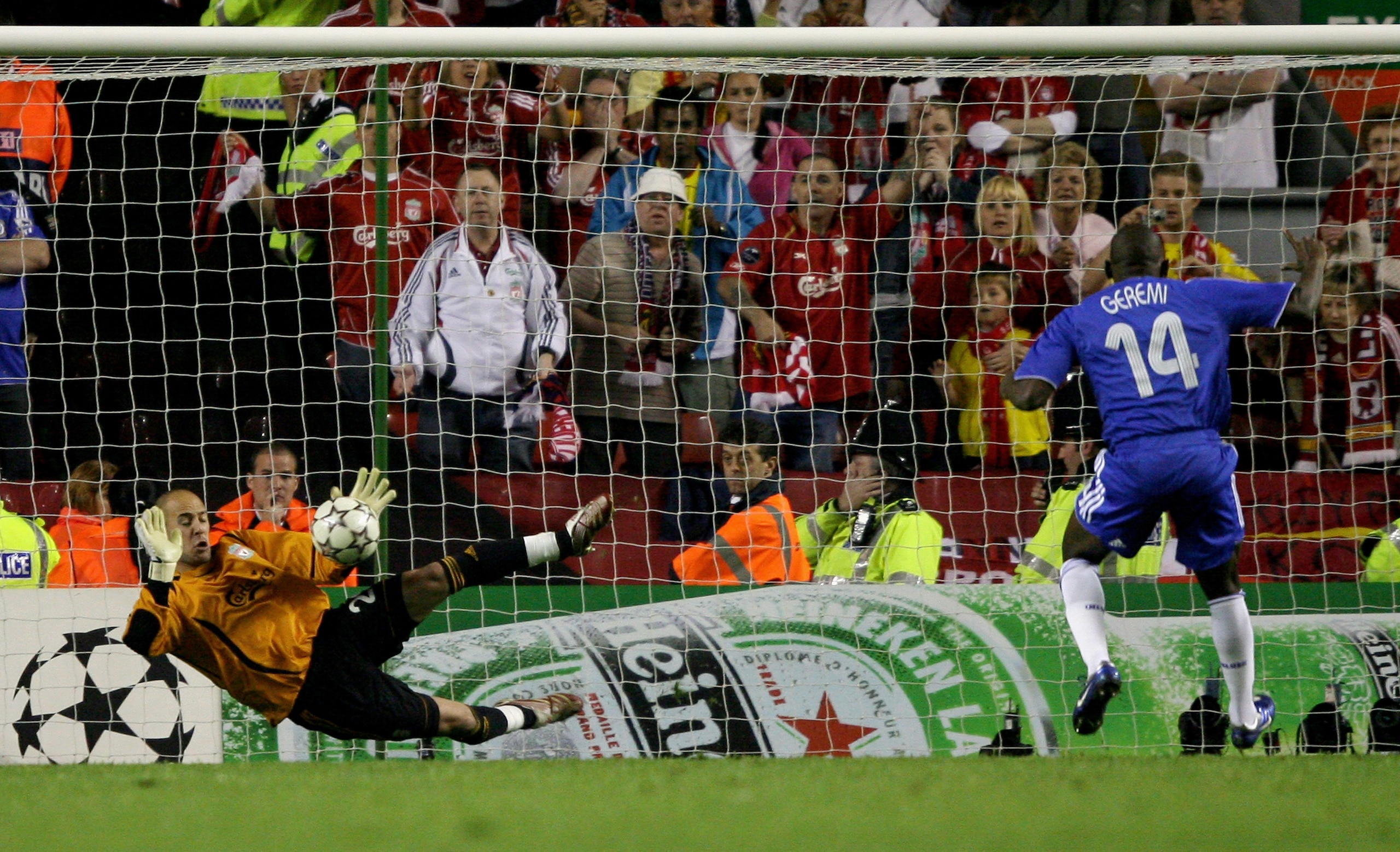 LIVERPOOL, UNITED KINGDOM - MAY 01:  Pepe Reina of Liverpool saves the penalty from Geremi (#14) of Chelsea during the UEFA Champions League semi final second leg match between Liverpool and Chelsea at Anfield on May 1, 2007 in Liverpool, England.  (Photo