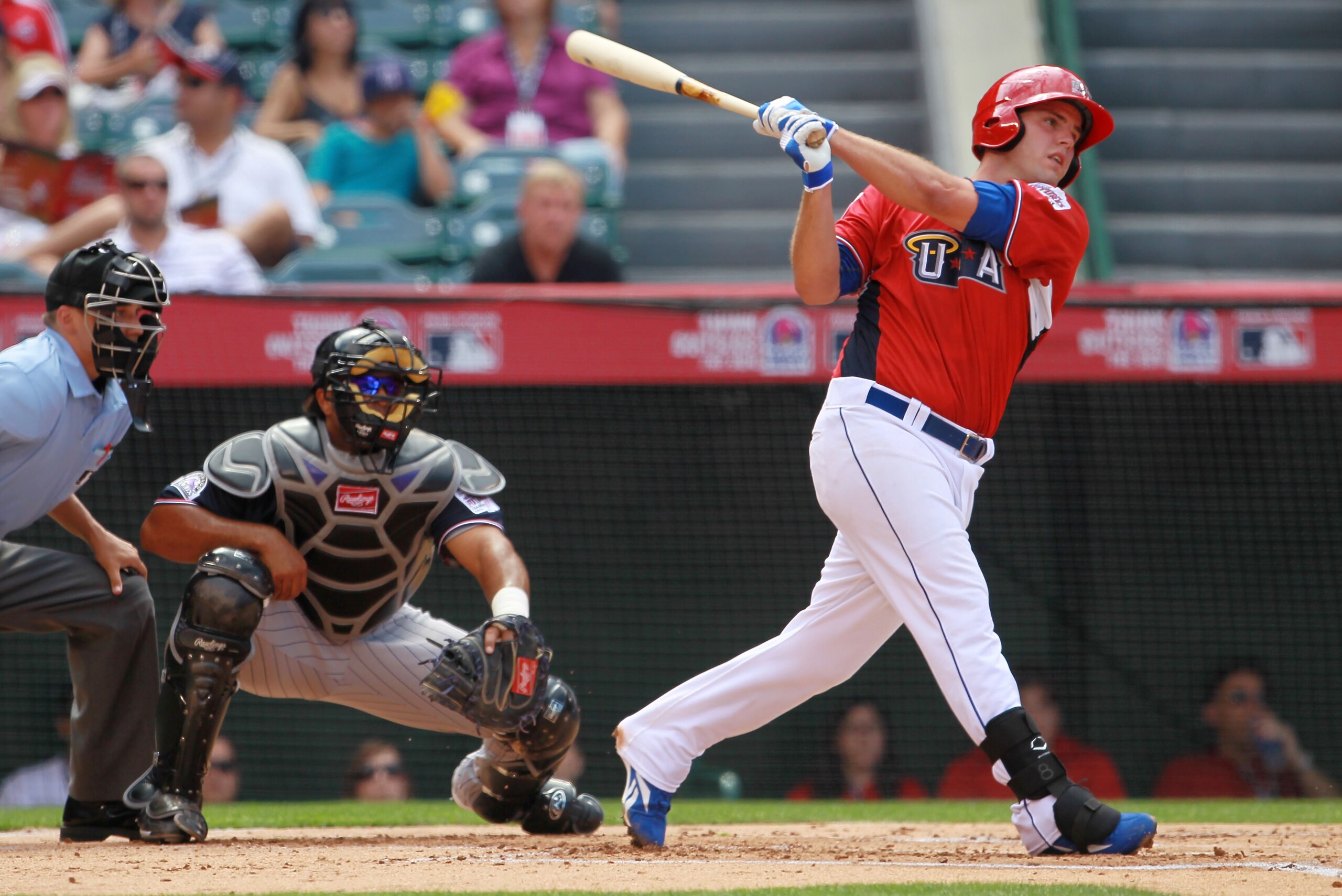 ANAHEIM, CA - JULY 11:  U.S. Futures All-Star Mike Moustakas #8 of the Kansas City Royals at bat during the 2010 XM All-Star Futures Game at Angel Stadium of Anaheim on July 11, 2010 in Anaheim, California.  (Photo by Jeff Gross/Getty Images)