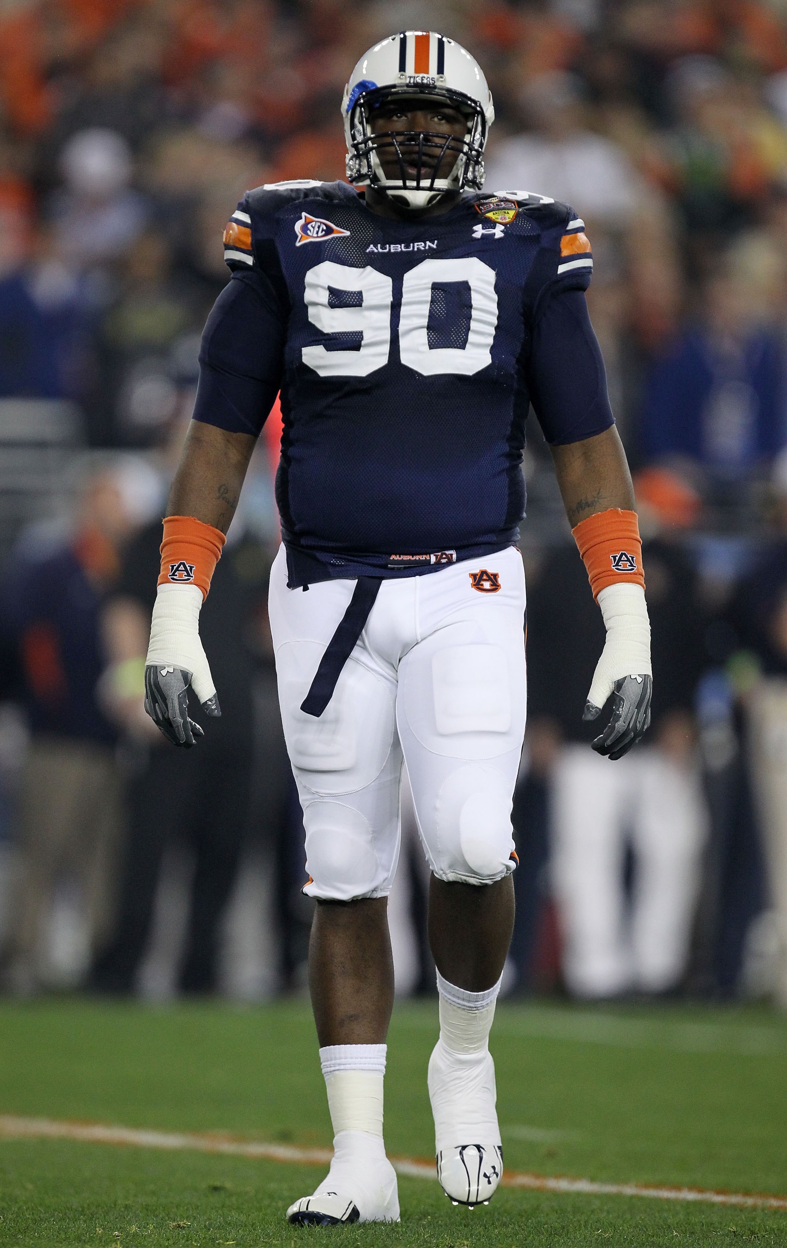 GLENDALE, AZ - JANUARY 10: Nick Fairley #90 of the Auburn Tigers reacts during their Tostitos BCS National Championship Game against the Oregon Ducks at University of Phoenix Stadium on January 10, 2011 in Glendale, Arizona. (Photo by Ronald Martinez/Ge GLENDALE, AZ - JANUARY 10: Nick Fairley #90 of the Auburn Tigers reacts during their Tostitos BCS National Championship Game against the Oregon Ducks at University of Phoenix Stadium on January 10, 2011 in Glendale, Arizona. (Photo by Ronald Martinez/Ge