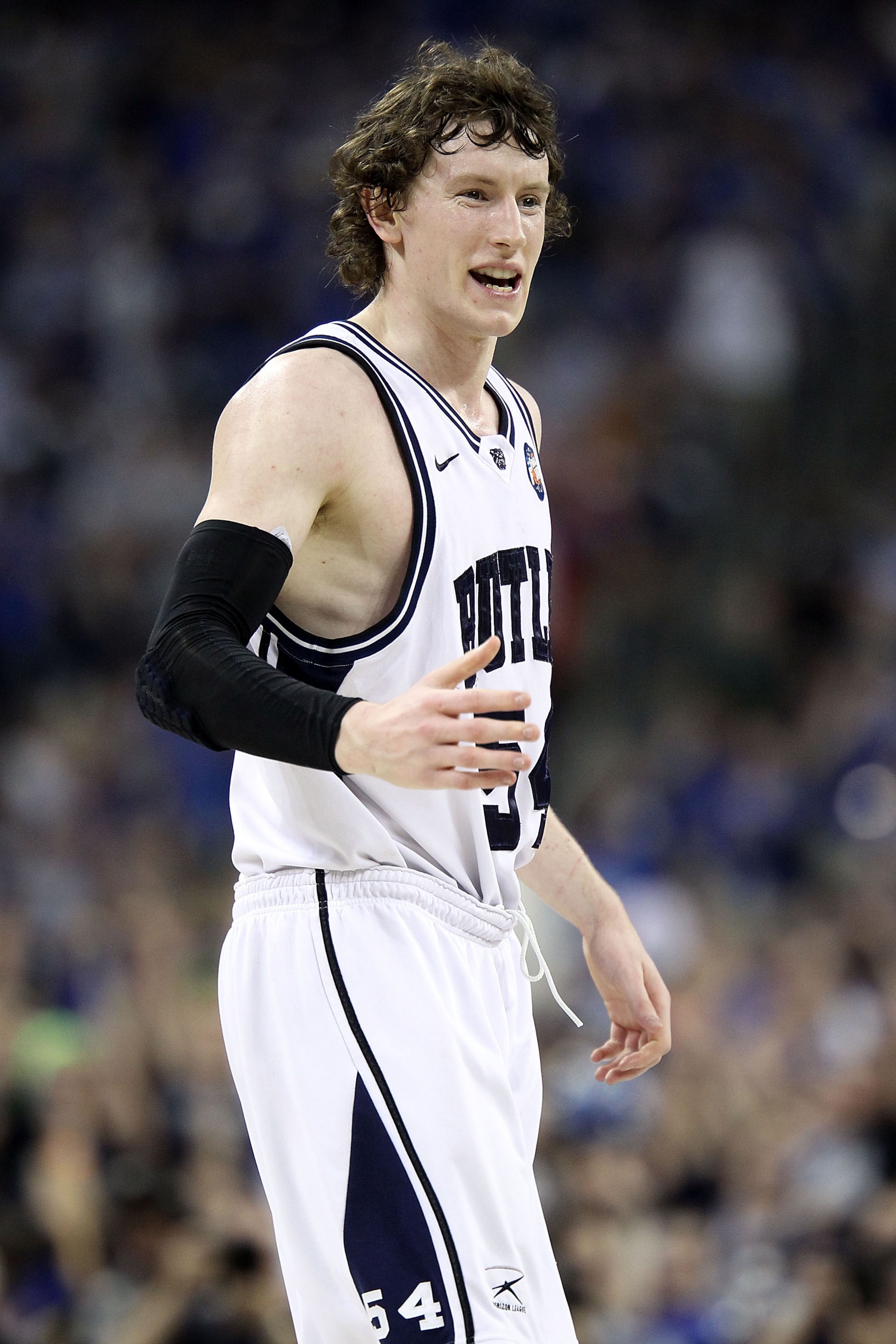 HOUSTON, TX - APRIL 02:  Matt Howard #54 of the Butler Bulldogs reacts against the Virginia Commonwealth Rams during the National Semifinal game of the 2011 NCAA Division I Men's Basketball Championship at Reliant Stadium on April 2, 2011 in Houston, Texa