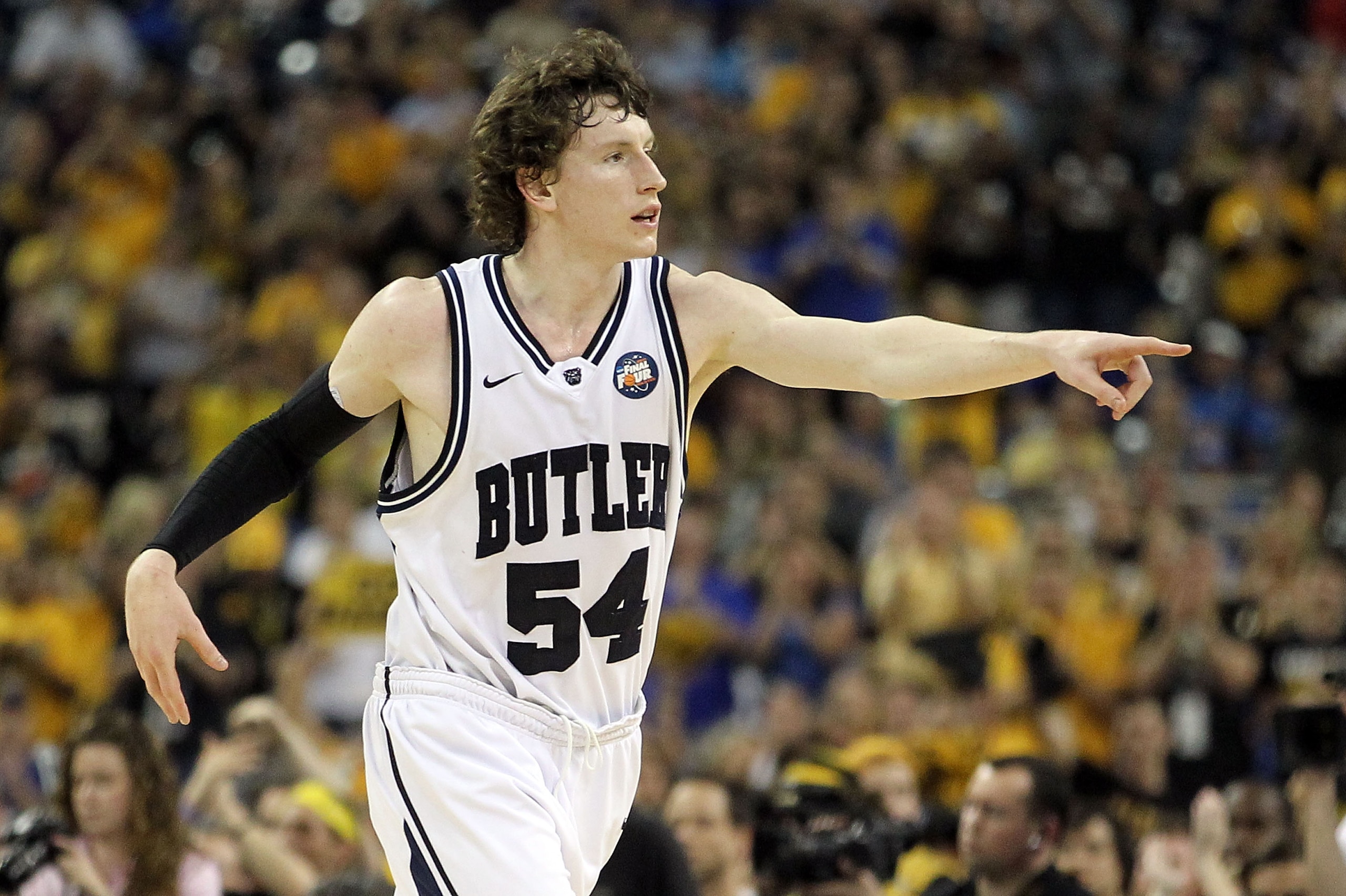 HOUSTON, TX - APRIL 02:  Matt Howard #54 of the Butler Bulldogs reacts against the Virginia Commonwealth Rams during the National Semifinal game of the 2011 NCAA Division I Men's Basketball Championship at Reliant Stadium on April 2, 2011 in Houston, Texa