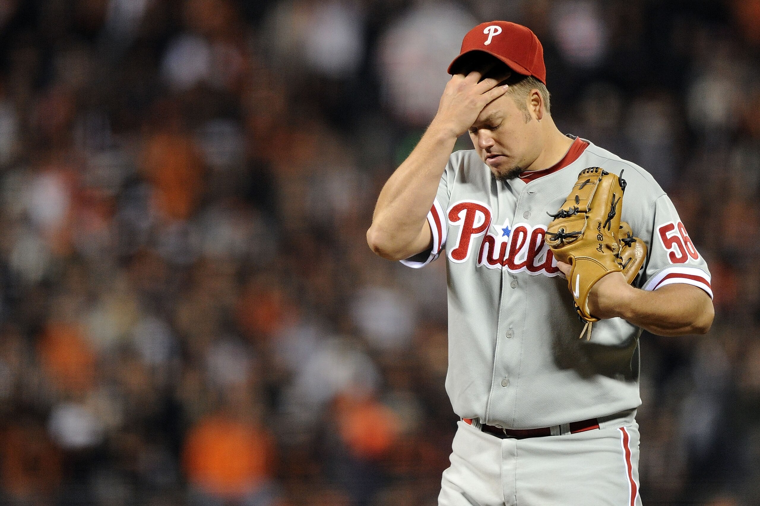 SAN FRANCISCO - OCTOBER 20: Joe Blanton #56 of the Philadelphia Phillies reacts in the fifth inning of Game Four of the NLCS against the San Francisco Giants during the 2010 MLB Playoffs at AT&T Park on October 20, 2010 in San Francisco, California. (Ph SAN FRANCISCO - OCTOBER 20: Joe Blanton #56 of the Philadelphia Phillies reacts in the fifth inning of Game Four of the NLCS against the San Francisco Giants during the 2010 MLB Playoffs at AT&T Park on October 20, 2010 in San Francisco, California. (Ph