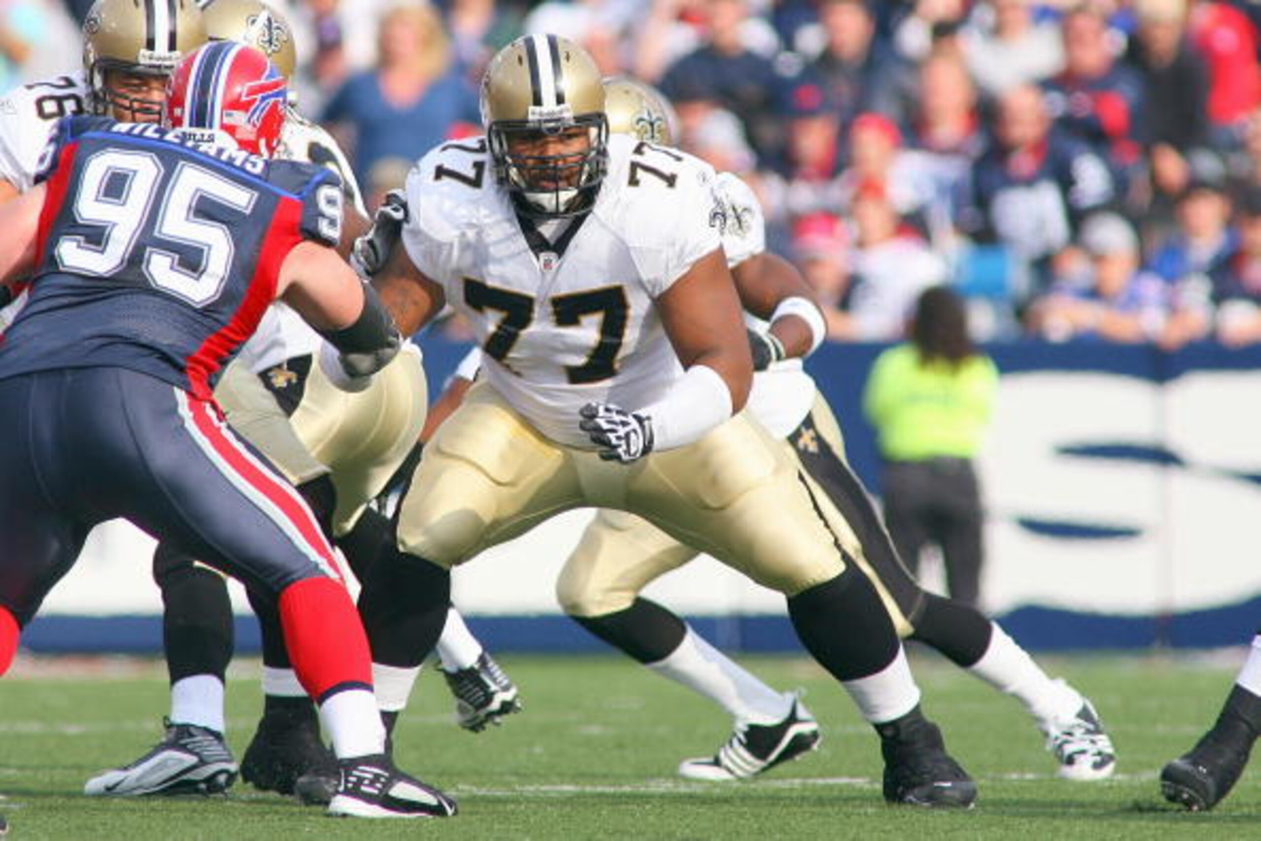 ORCHARD PARK, NY - SEPTEMBER 27: Carl Nicks #77 of the New Orleans Saints moves on the line during the game against the Buffalo Bills at Ralph Wilson Stadium on September 27, 2009 in Orchard Park, New York. The Saints won 27-7. (Photo by Rick Stewart/Get ORCHARD PARK, NY - SEPTEMBER 27: Carl Nicks #77 of the New Orleans Saints moves on the line during the game against the Buffalo Bills at Ralph Wilson Stadium on September 27, 2009 in Orchard Park, New York. The Saints won 27-7. (Photo by Rick Stewart/Get