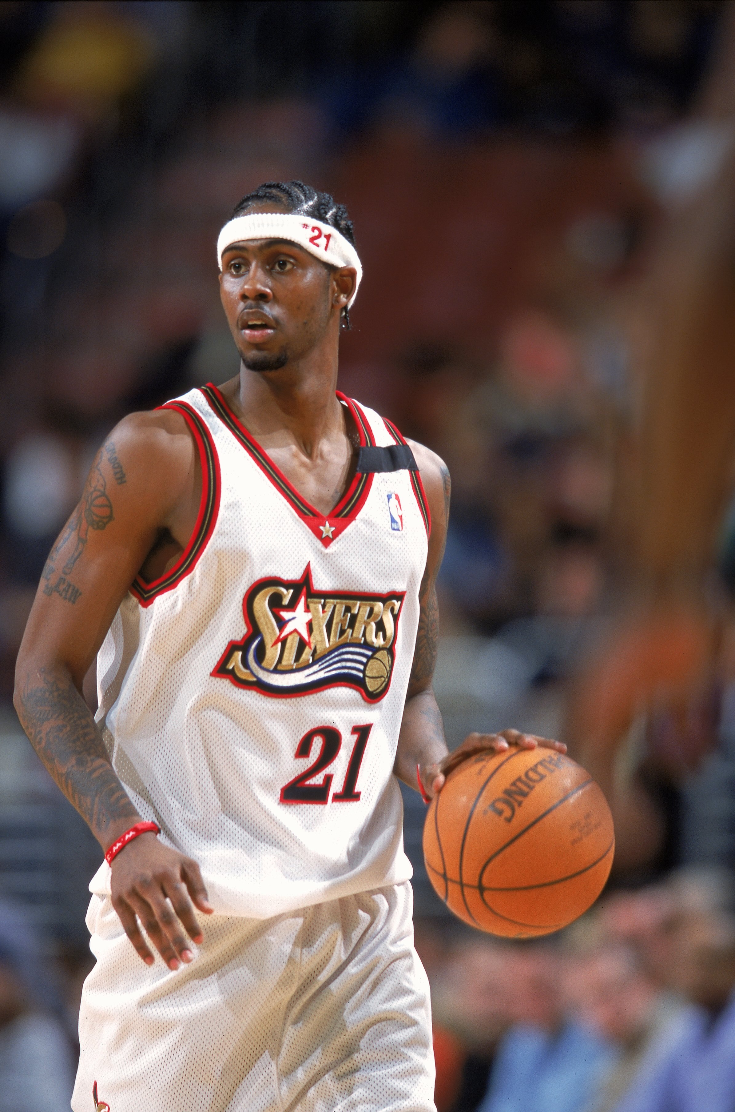 15 Feb 2000:  Larry Hughes #21 of the Philadelphia 76ers moves on the court with the ball during the game against the Charlotte Hornets at the First Union Center in Philadelphia, Pennsylvania. The Hornets defeated the 76ers 95-93.   Mandatory Credit: Doug