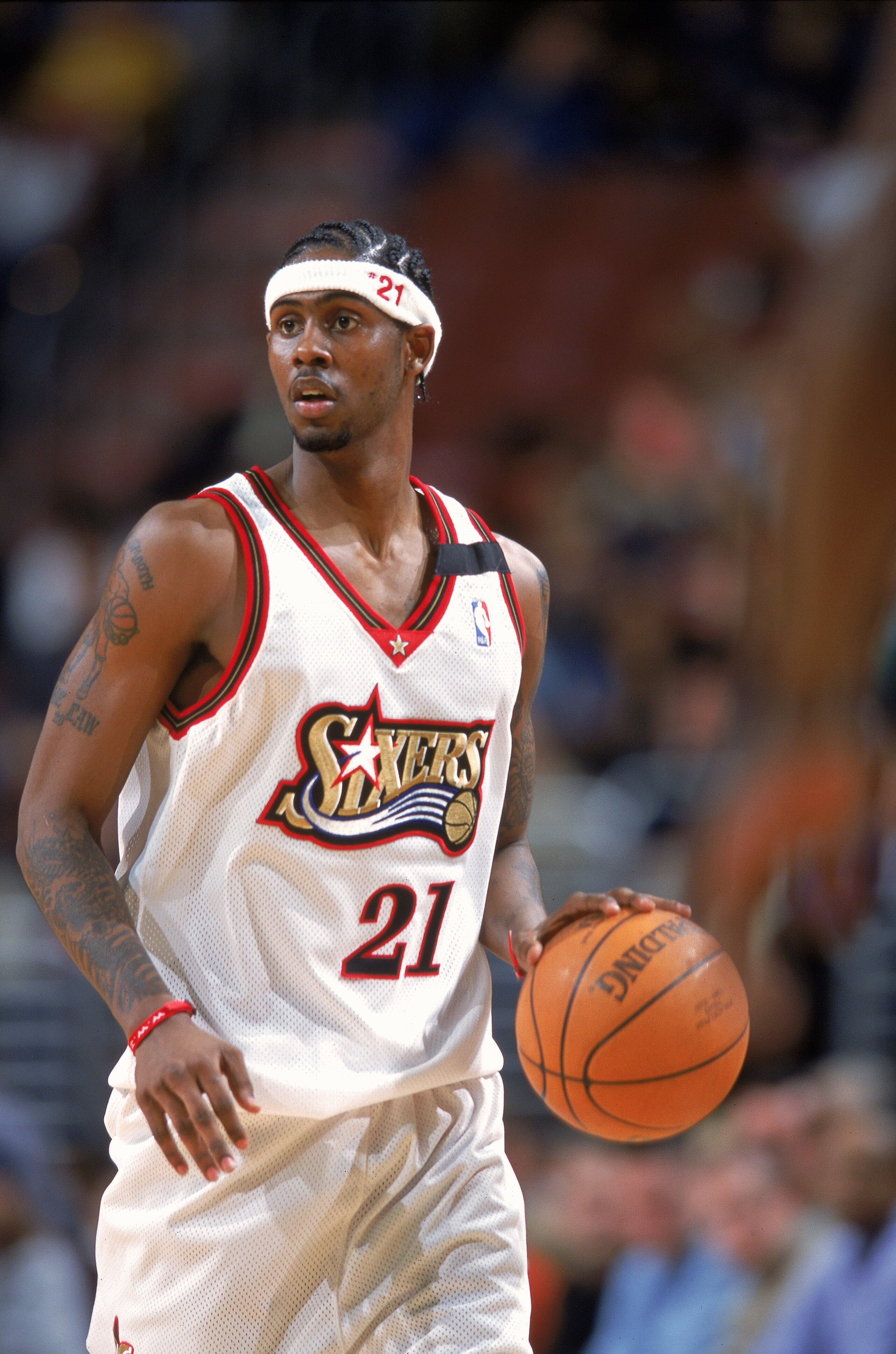 15 Feb 2000:  Larry Hughes #21 of the Philadelphia 76ers moves on the court with the ball during the game against the Charlotte Hornets at the First Union Center in Philadelphia, Pennsylvania. The Hornets defeated the 76ers 95-93.   Mandatory Credit: Doug