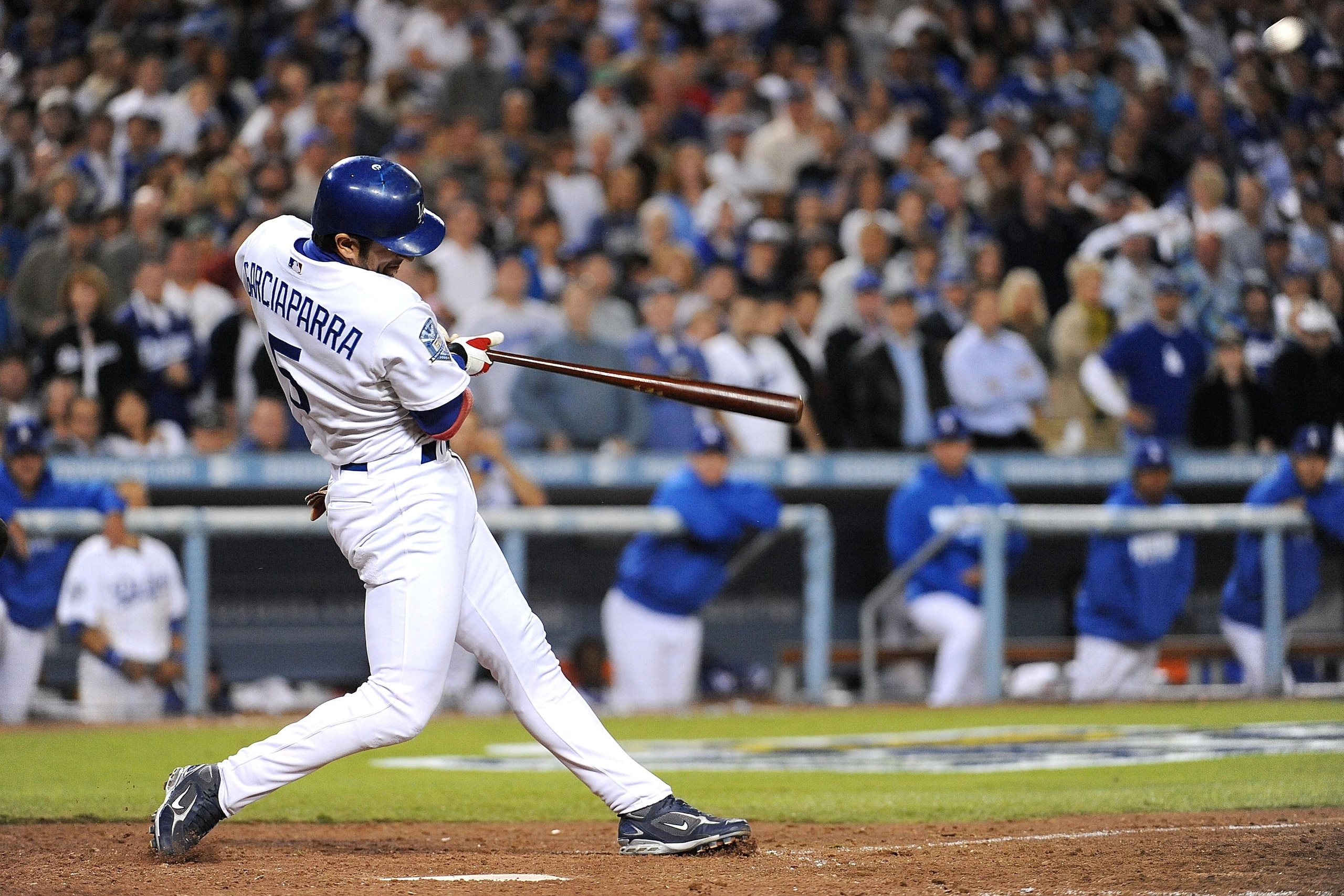 LOS ANGELES, CA - OCTOBER 13:  Nomar Garciaparra#5 of the Los Angeles Dodgers at bat against the Philadelphia Phillies in Game Four of the National League Championship Series during the 2008 MLB playoffs on October 13, 2008 at Dodger Stadium in Los Angele