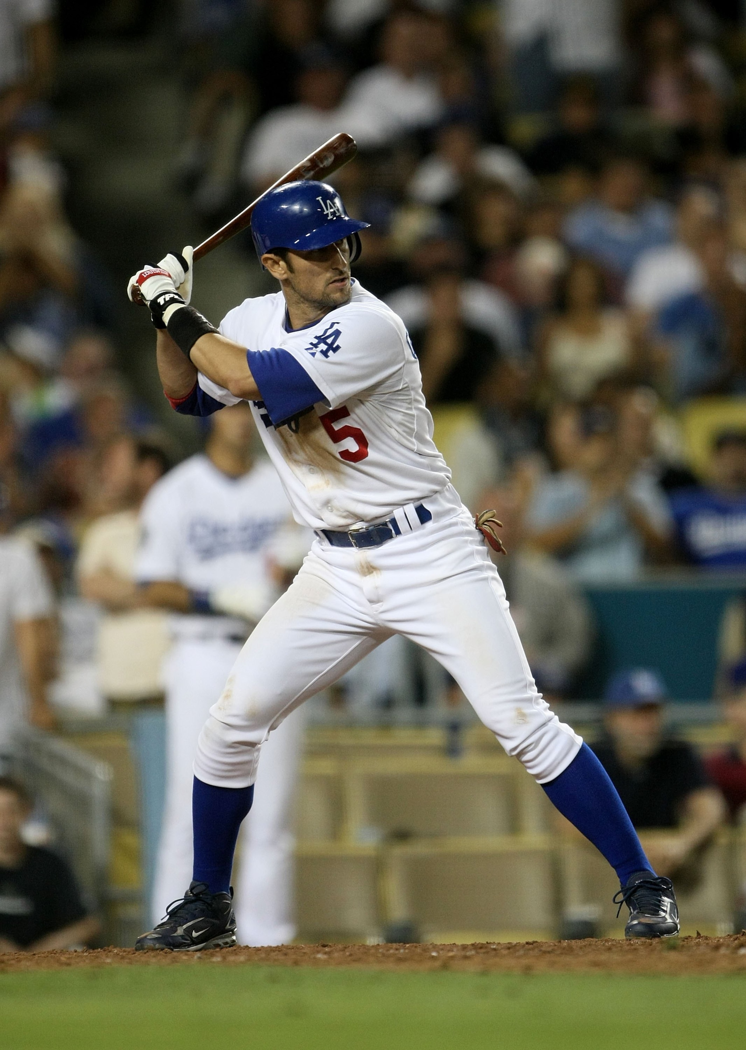 LOS ANGELES, CA - JULY 12:  Nomar Garciaparra #5 of the Los Angeles Dodgers bats against the Florida Marlins on July 12, 2008 at Dodger Stadiium in Los Angeles, California. The Marlins won 5-3 in 11 innings.  (Photo by Stephen Dunn/Getty Images)