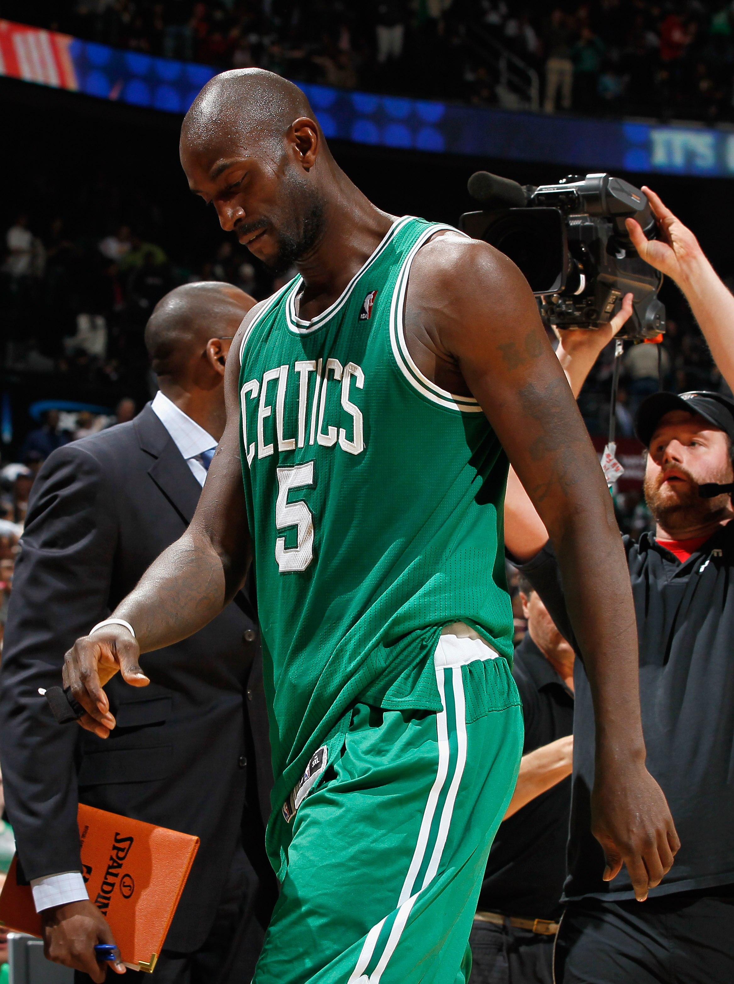 ATLANTA, GA - APRIL 01:  Kevin Garnett #5 of the Boston Celtics walks off the court after falling to the Atlanta Hawks 88-83 at Philips Arena on April 1, 2011 in Atlanta, Georgia.  NOTE TO USER: User expressly acknowledges and agrees that, by downloading