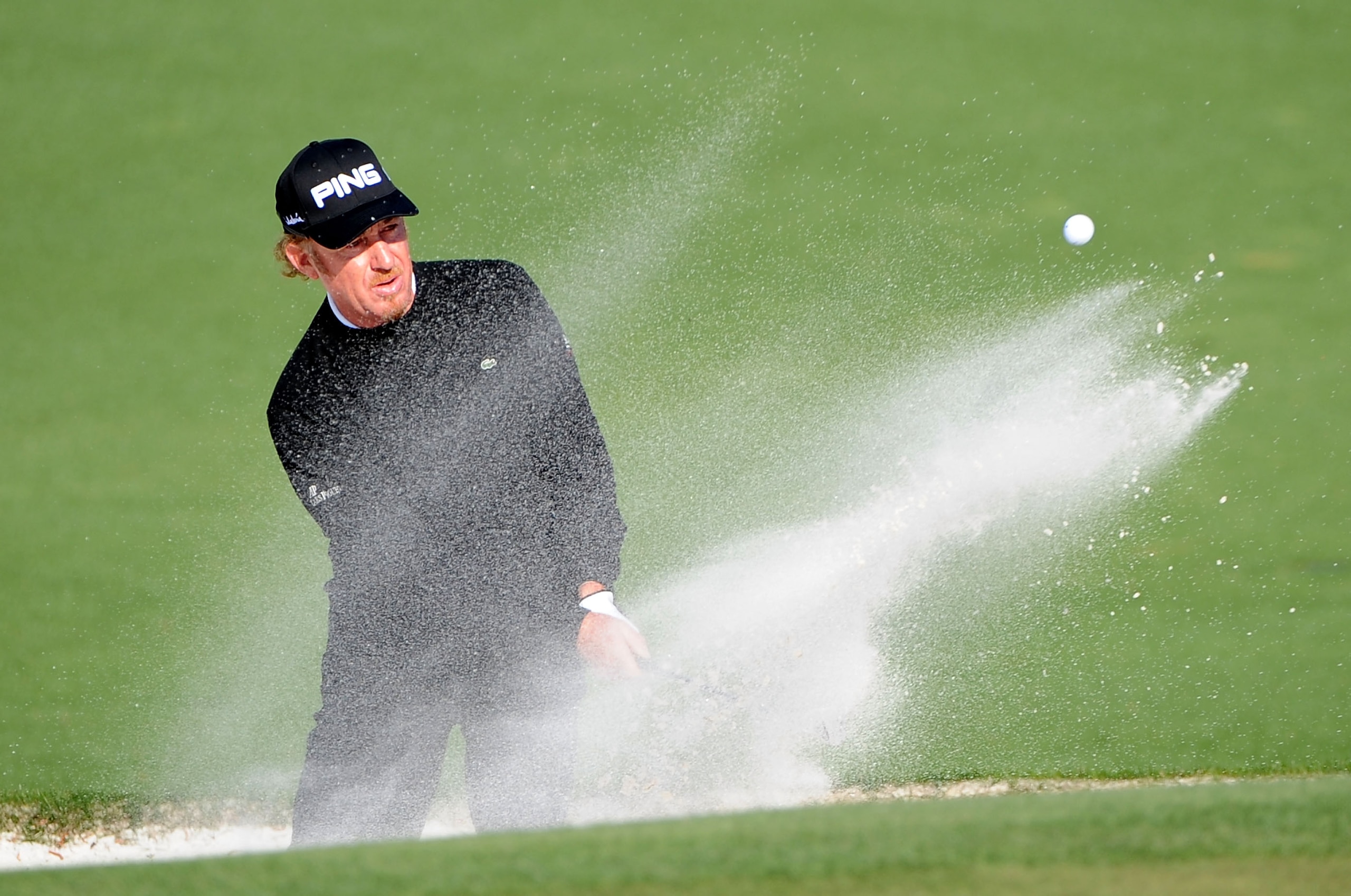 AUGUSTA, GA - APRIL 09:  Miguel Angel Jimenez of Spain hits out of a bunker on the second hole during the first round of the 2009 Masters Tournament at Augusta National Golf Club on April 9, 2009 in Augusta, Georgia.  (Photo by Harry How/Getty Images)