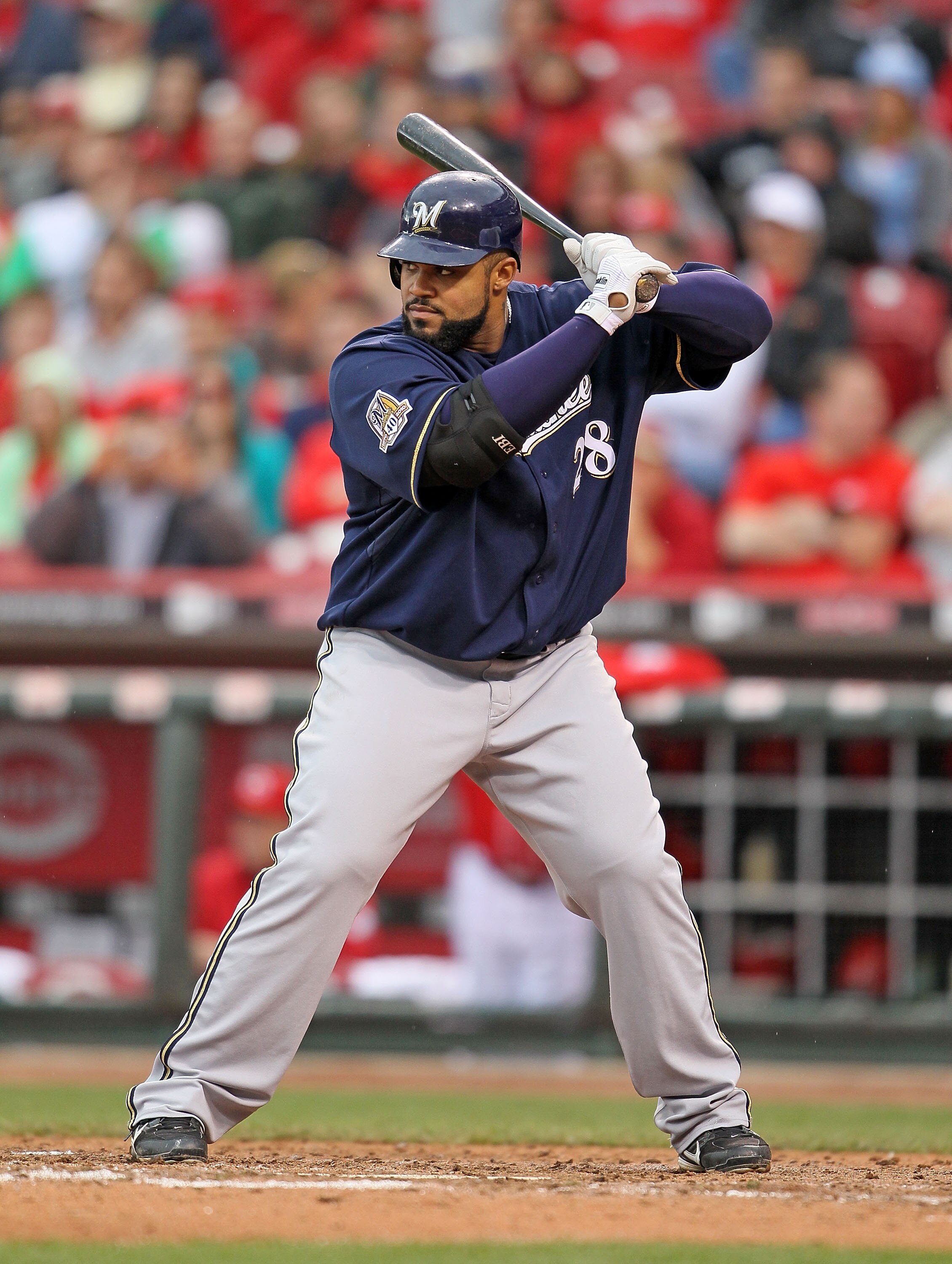 CINCINNATI - MAY 18:  Prince Fielder #28 of the Milwaukee Brewers is at bat during the game against the Cincinnati Reds at Great American Ball Park on May 18, 2010 in Cincinnati, Ohio.  (Photo by Andy Lyons/Getty Images)