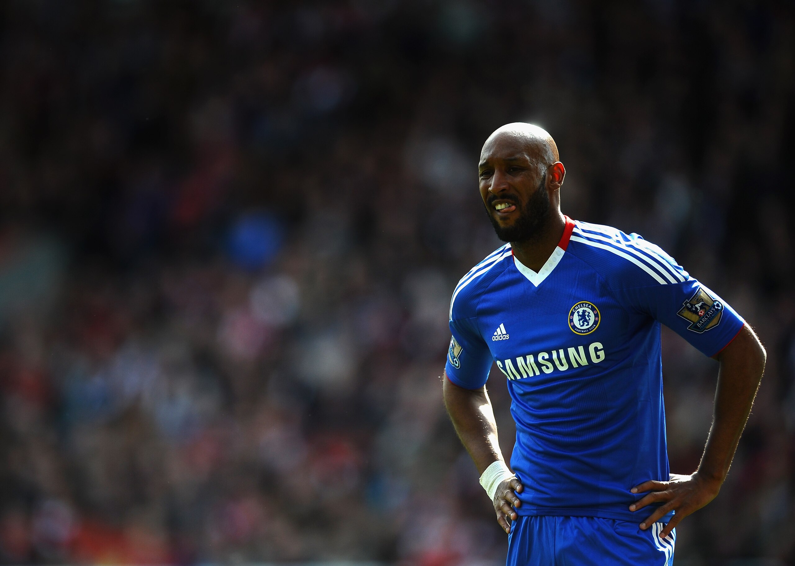 STOKE ON TRENT, ENGLAND - APRIL 02: Nicolas Anelka of Chelsea shows his frustrations during the Barclays Premier League match between Stoke City and Chelsea at Britannia Stadium on April 2, 2011 in Stoke on Trent, England.  (Photo by Laurence Griffiths/Ge