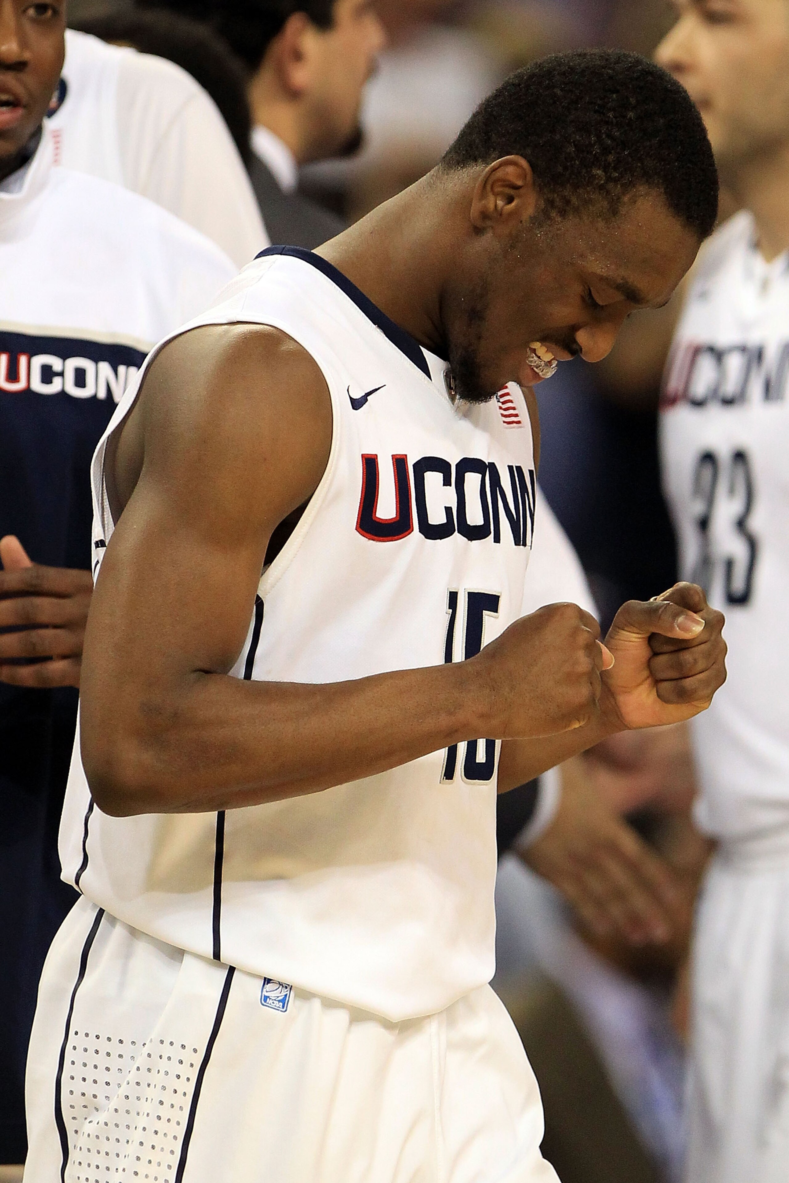 HOUSTON, TX - APRIL 02:  Kemba Walker #15 of the Connecticut Huskies reacts after defeating the Kentucky Wildcats during the National Semifinal game of the 2011 NCAA Division I Men's Basketball Championship at Reliant Stadium on April 2, 2011 in Houston, 