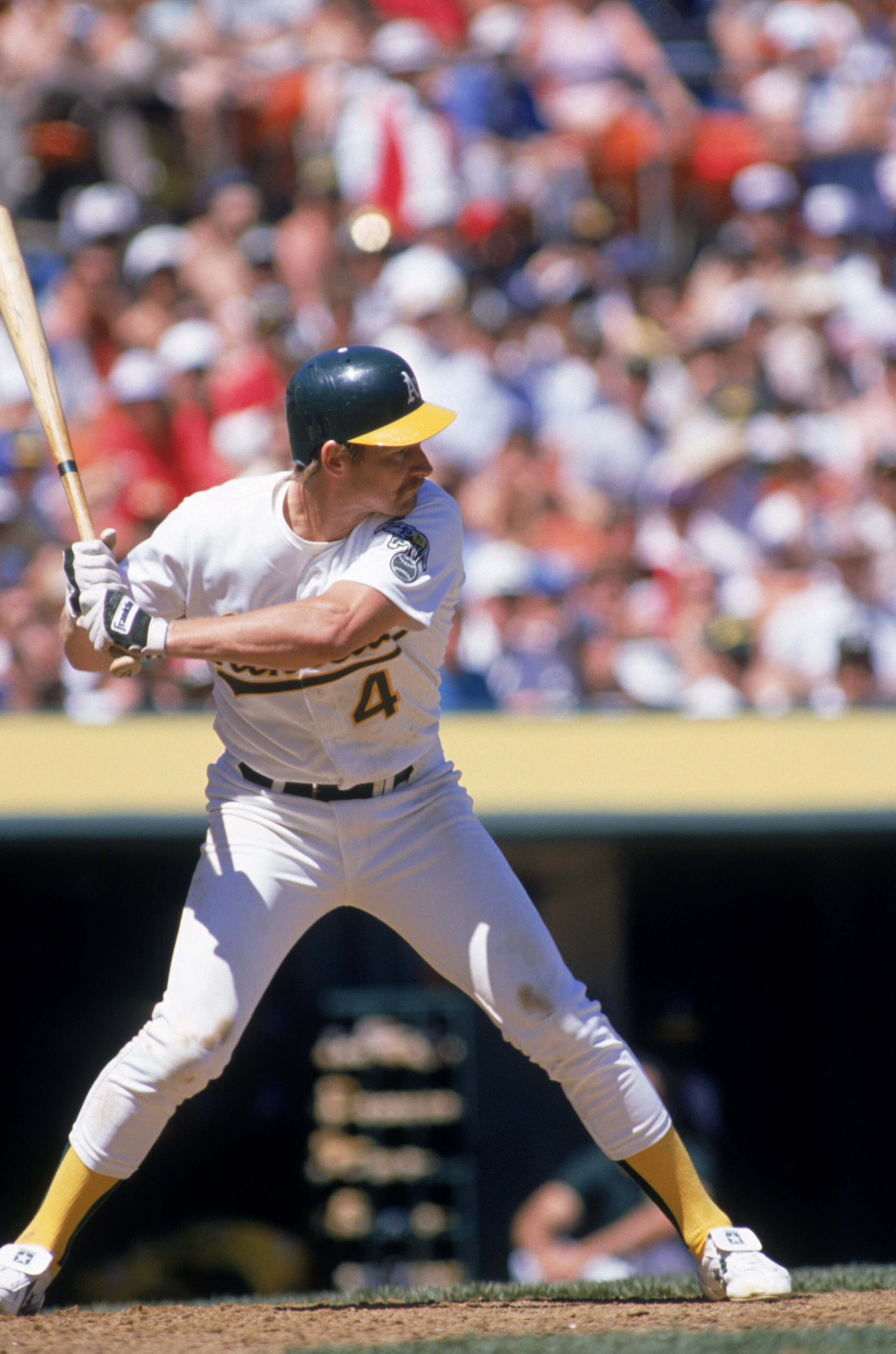 OAKLAND, CA - 1989:  Carney Lansford #4 of the Oakland Athletics stands ready at the plate during a 1989 season game at Oakland-Alameda County Coliseum in Oakland, California.  (Photo by Otto Greule Jr/Getty Images)