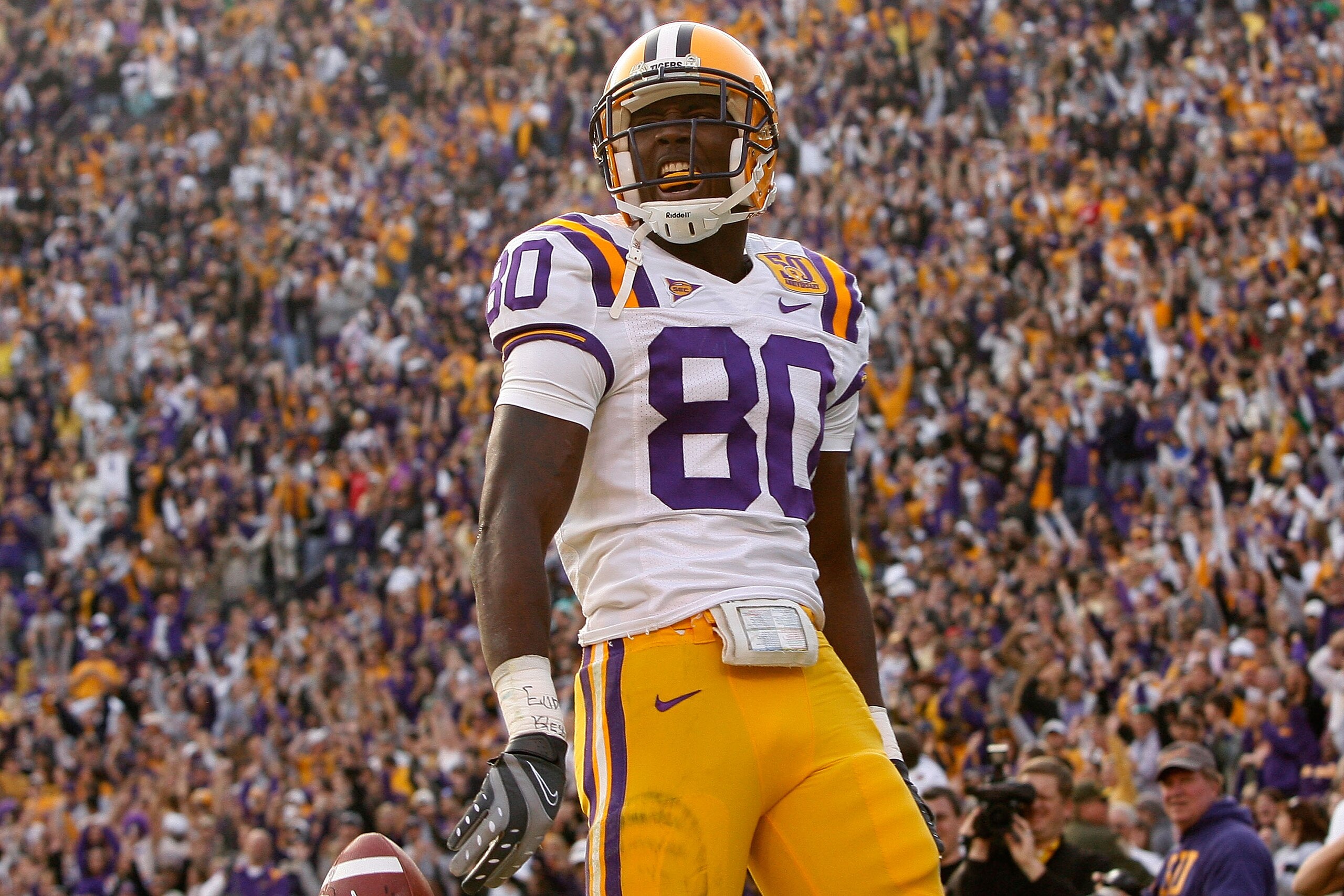 BATON ROUGE, LA - NOVEMBER 22: Terrance Toliver #80 of the Louisiana State University Tigers celebrates after a touchdown against the Ole Miss Rebels on November 22, 2008 at Tiger Stadium in Baton Rouge, Louisiana. (Photo by Chris Graythen/Getty Images) BATON ROUGE, LA - NOVEMBER 22: Terrance Toliver #80 of the Louisiana State University Tigers celebrates after a touchdown against the Ole Miss Rebels on November 22, 2008 at Tiger Stadium in Baton Rouge, Louisiana. (Photo by Chris Graythen/Getty Images)