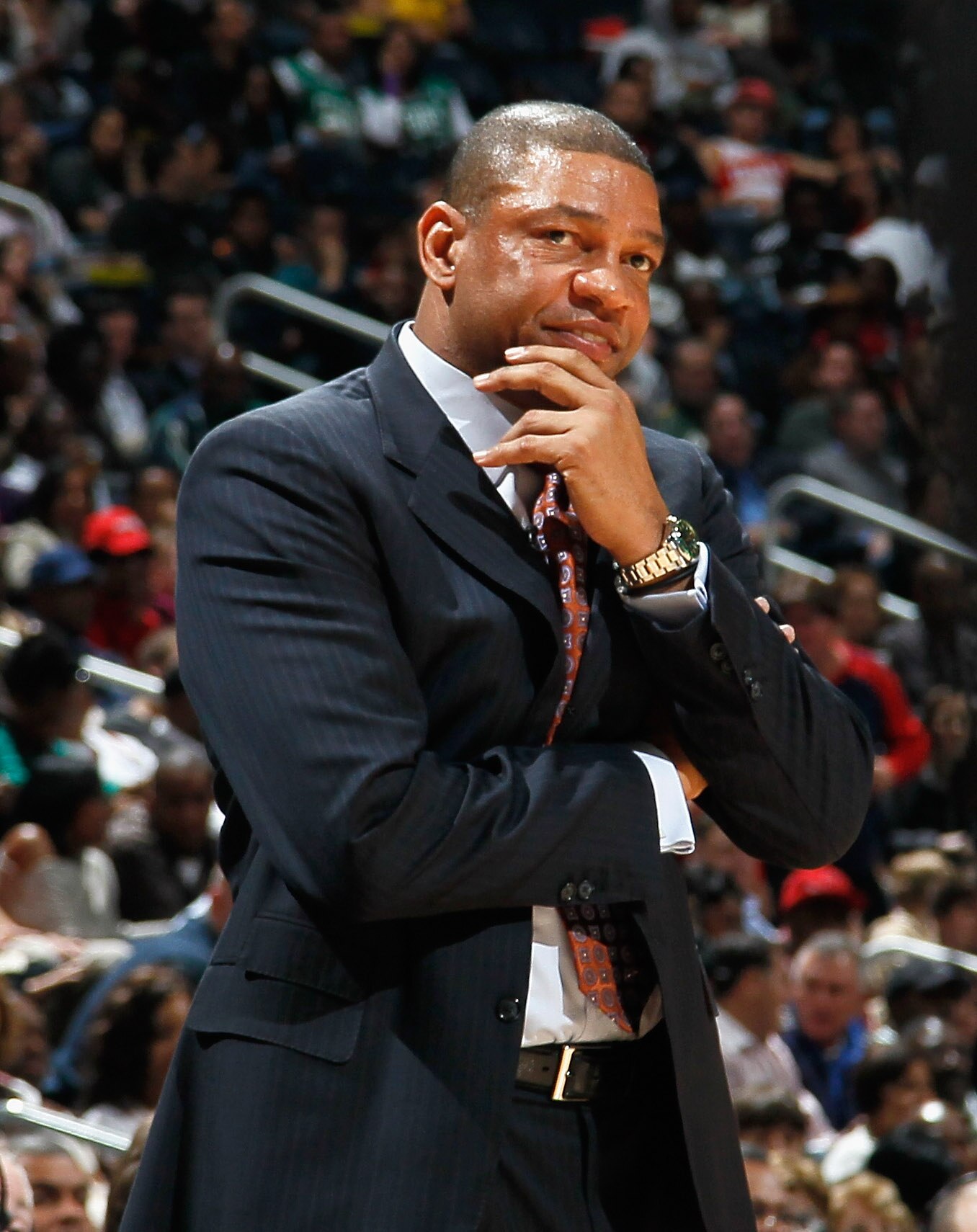 ATLANTA, GA - APRIL 01:  Head coach Doc Rivers of the Boston Celtics reacts after a call against the Atlanta Hawks at Philips Arena on April 1, 2011 in Atlanta, Georgia.  NOTE TO USER: User expressly acknowledges and agrees that, by downloading and/or usi