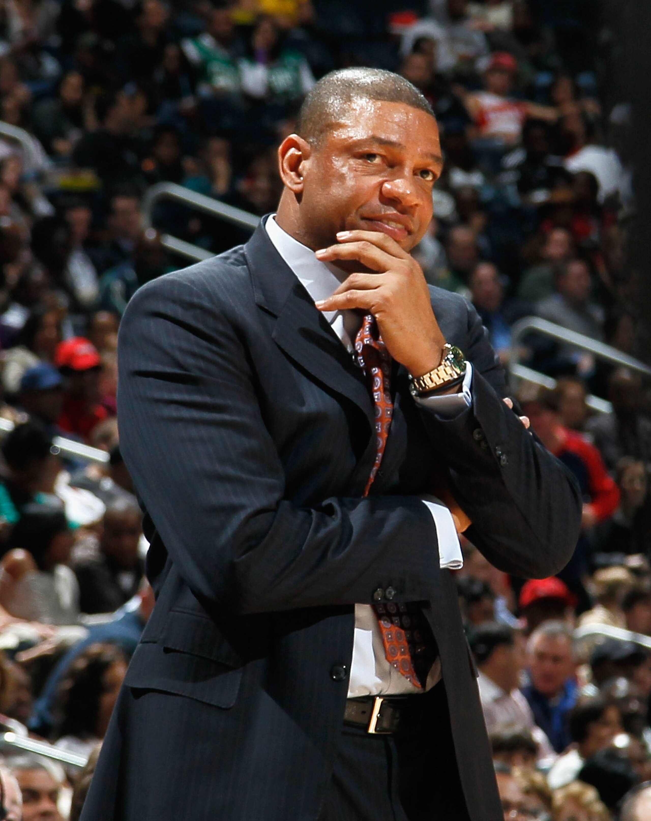 ATLANTA, GA - APRIL 01:  Head coach Doc Rivers of the Boston Celtics reacts after a call against the Atlanta Hawks at Philips Arena on April 1, 2011 in Atlanta, Georgia.  NOTE TO USER: User expressly acknowledges and agrees that, by downloading and/or usi