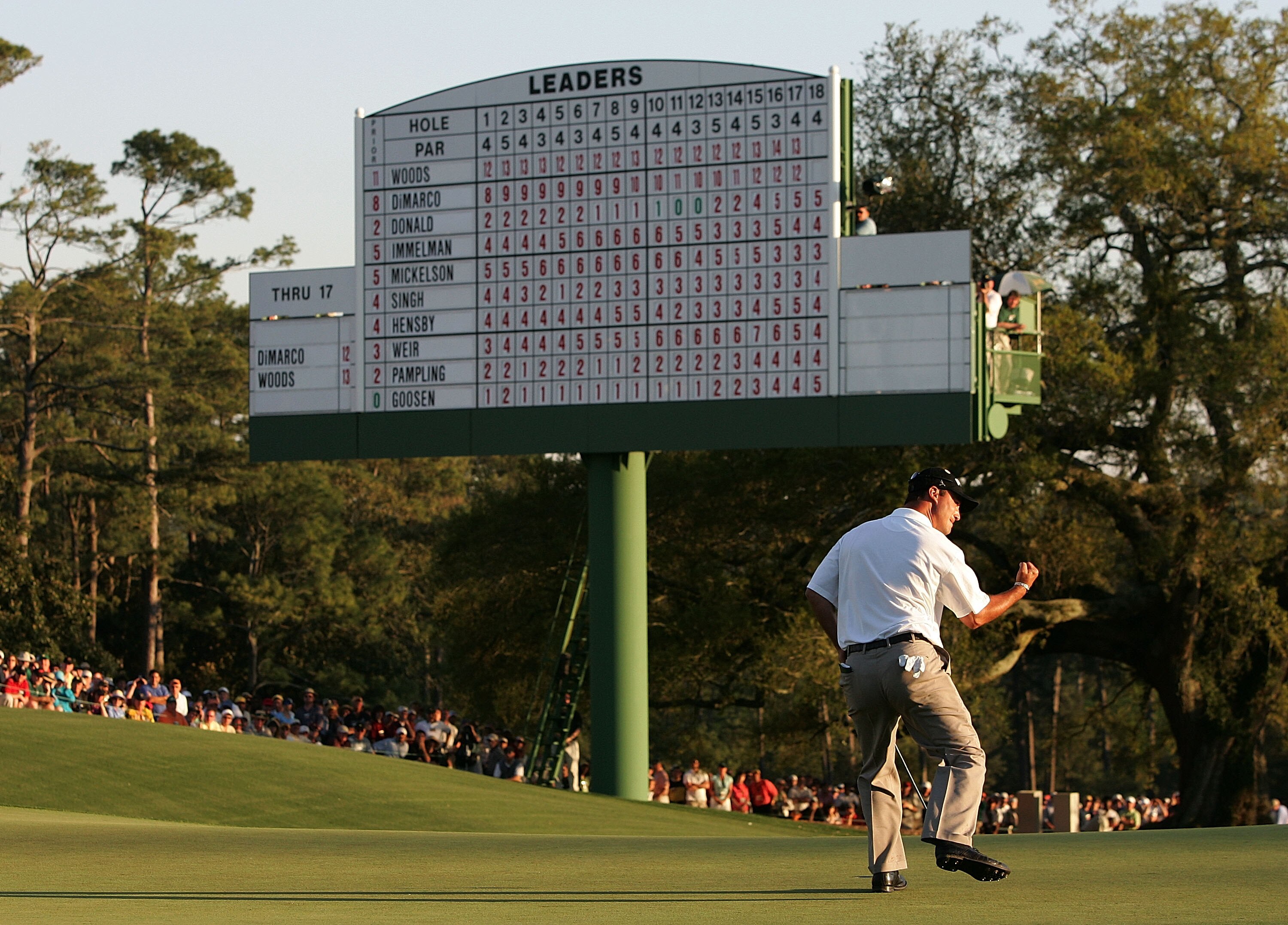 AUGUSTA, GA - APRIL 10:  Chris DiMarco celebrates his par-saving putt on the 18th green during the final round of The Masters at the Augusta National Golf Club on April 10, 2005 in Augusta, Georgia.  (Photo by Andrew Redington/Getty Images)