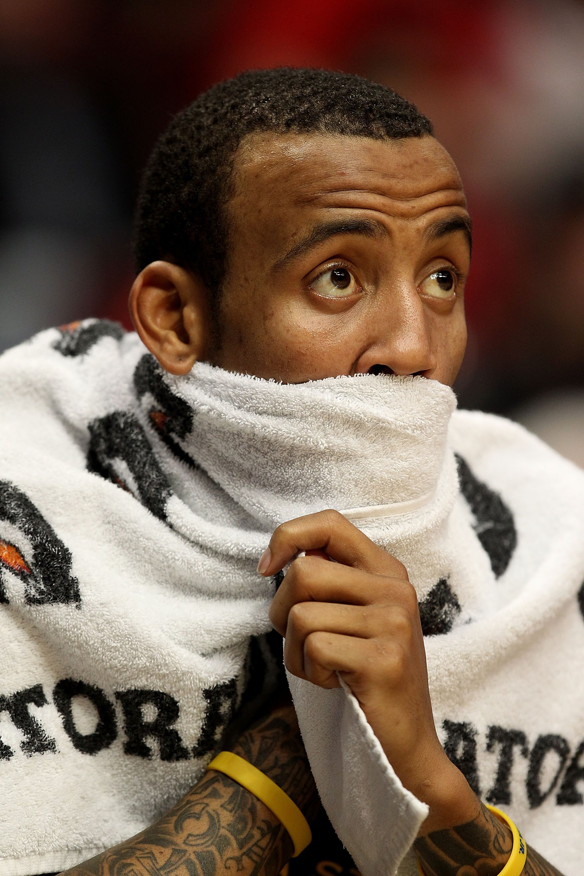 CHICAGO, IL - NOVEMBER 11: Monta Ellis #8 of the Golden State Warriors watches his teammates from the bench near the end of a loss to the Chicago Bulls at the United Center on November 11, 2010 in Chicago, Illinois. The Bulls defeated the Warriors 120-90.