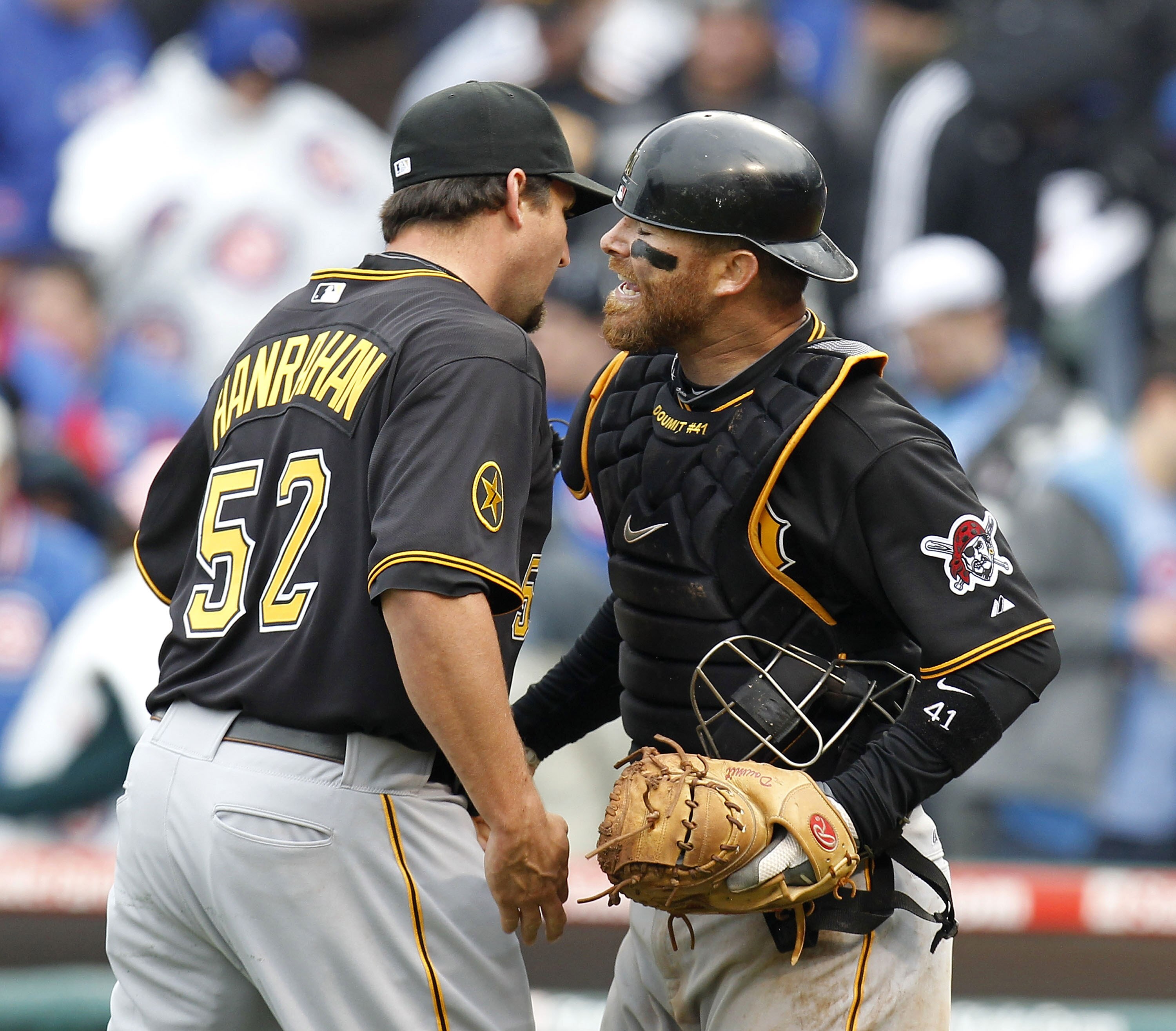 CHICAGO, IL - APRIL 01: Joel Hanrahan #52 of the Pittsburgh Pirates celebrates a 6-3 win over the Chicago Cubs with Ryan Doumit #41 during opening day at Wrigley Field on April 1, 2011 in Chicago, Illinois. (Photo by Gregory Shamus/Getty Images) CHICAGO, IL - APRIL 01: Joel Hanrahan #52 of the Pittsburgh Pirates celebrates a 6-3 win over the Chicago Cubs with Ryan Doumit #41 during opening day at Wrigley Field on April 1, 2011 in Chicago, Illinois. (Photo by Gregory Shamus/Getty Images)