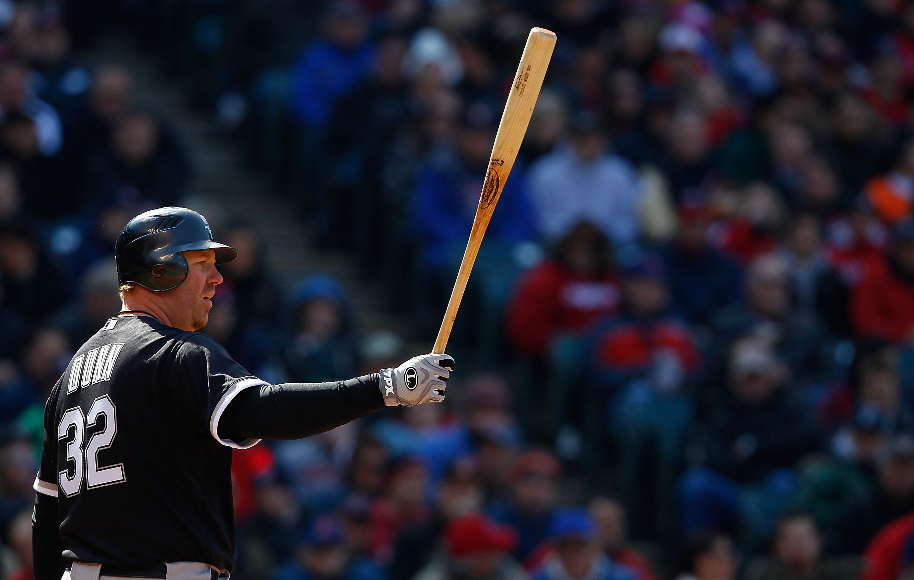 CLEVELAND - APRIL 01: Adam Dunn #32 of the Chicago White Sox readies himself before the pitch against the Cleveland Indians during the Opening Day game on April 1, 2011 at Progressive Field in Cleveland, Ohio. (Photo by Jared Wickerham/Getty Images) CLEVELAND - APRIL 01: Adam Dunn #32 of the Chicago White Sox readies himself before the pitch against the Cleveland Indians during the Opening Day game on April 1, 2011 at Progressive Field in Cleveland, Ohio. (Photo by Jared Wickerham/Getty Images)