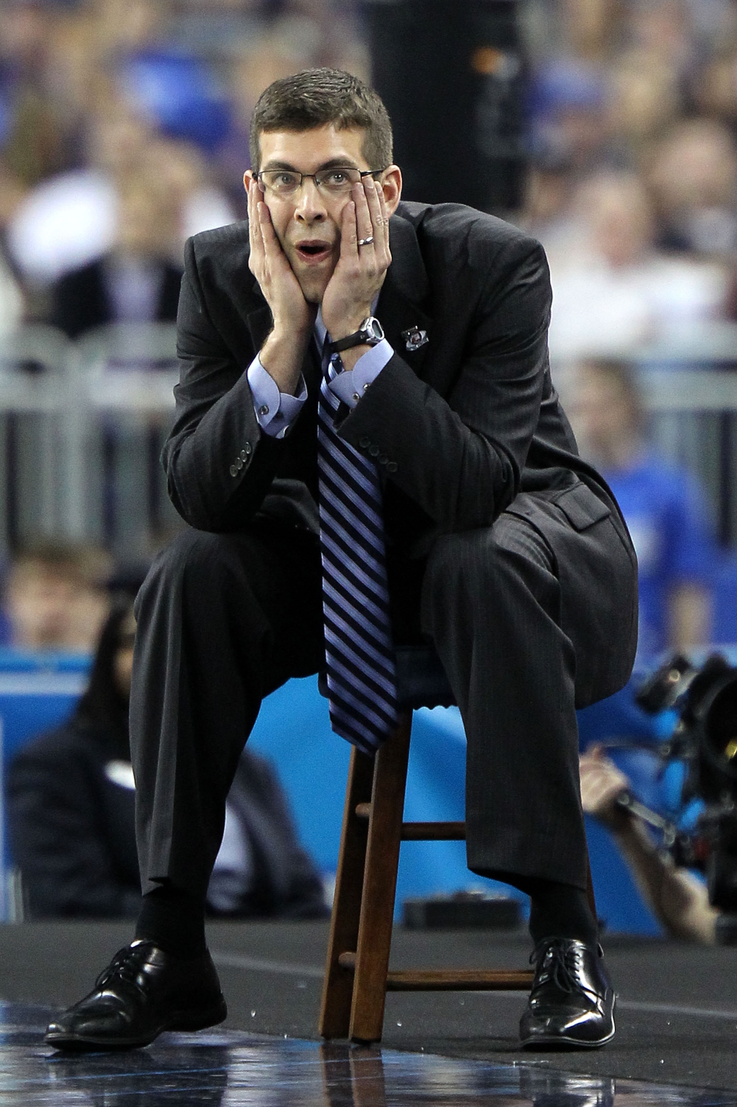 HOUSTON, TX - APRIL 02:  Head coach Brad Stevens of the Butler Bulldogs looks on from the sidelines against the Virginia Commonwealth Rams during the National Semifinal game of the 2011 NCAA Division I Men's Basketball Championship at Reliant Stadium on A