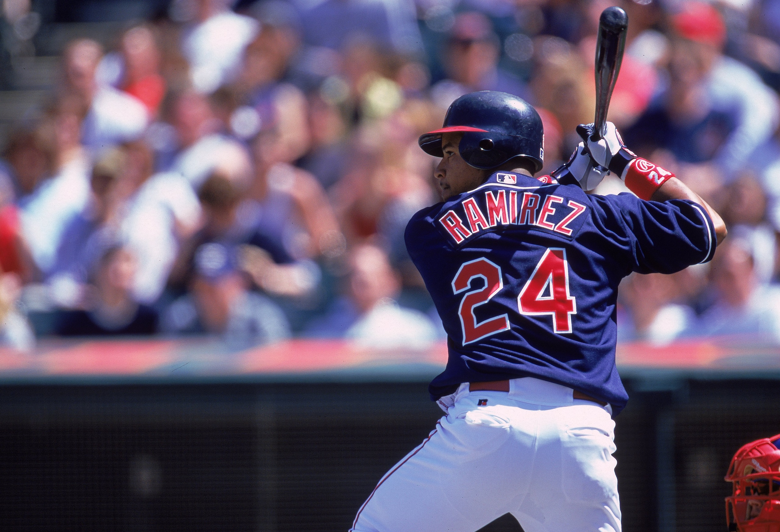 15 Apr 2000: Manny Ramirez #24 of the Cleveland Indians stands ready at bat during the game against the Texas Rangers at the Jacobs Field in Cleveland, Ohio. The Rangers defeated the Indians 6-4. Mandatory Credit: Harry How  /Allsport