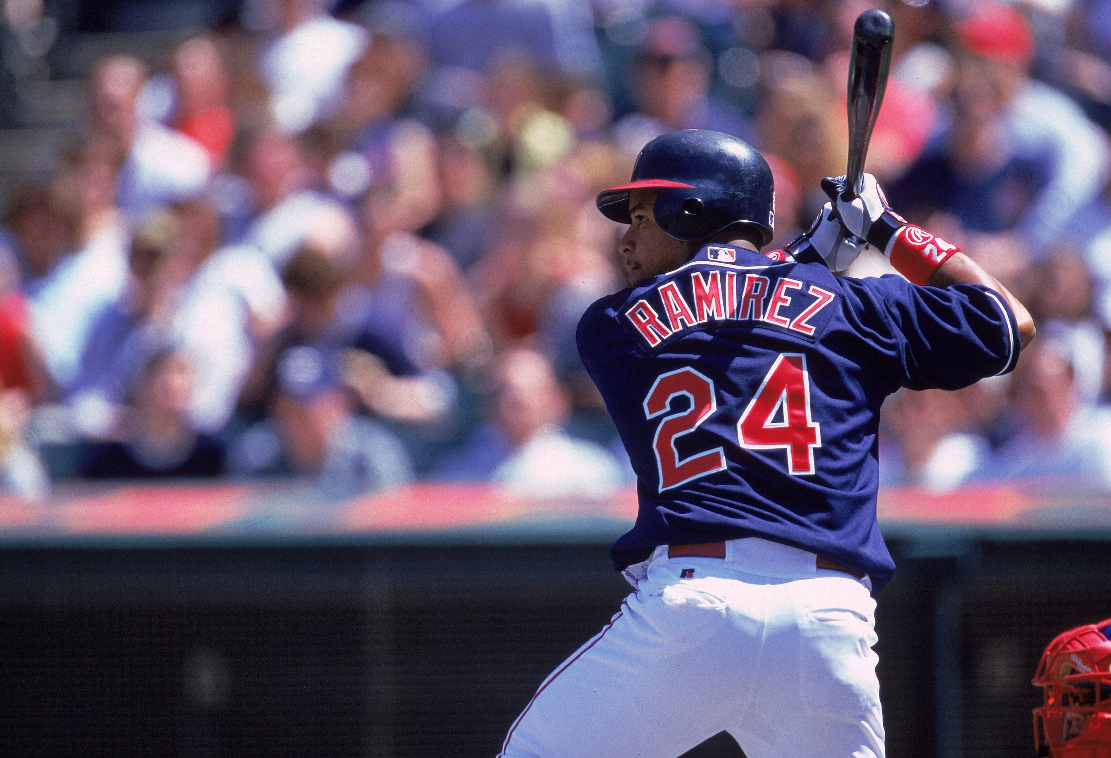 15 Apr 2000: Manny Ramirez #24 of the Cleveland Indians stands ready at bat during the game against the Texas Rangers at the Jacobs Field in Cleveland, Ohio. The Rangers defeated the Indians 6-4. Mandatory Credit: Harry How  /Allsport