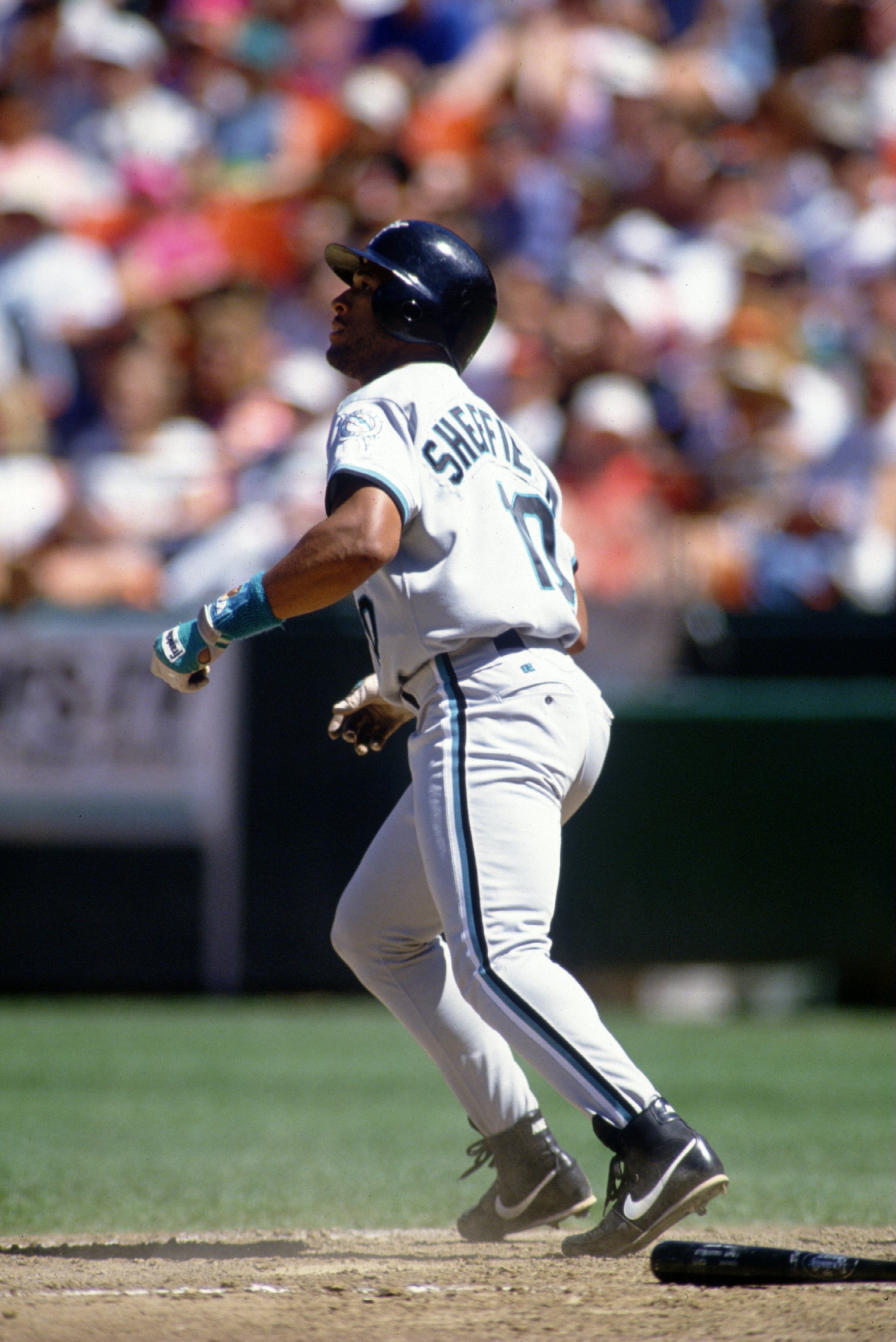 22 Aug 1993: Infielder Gary Sheffield of the Florida Marlins makes contact with a pitch during the Marlins versus San Francisco Giants at Candlestick Park in San Francisco, California.