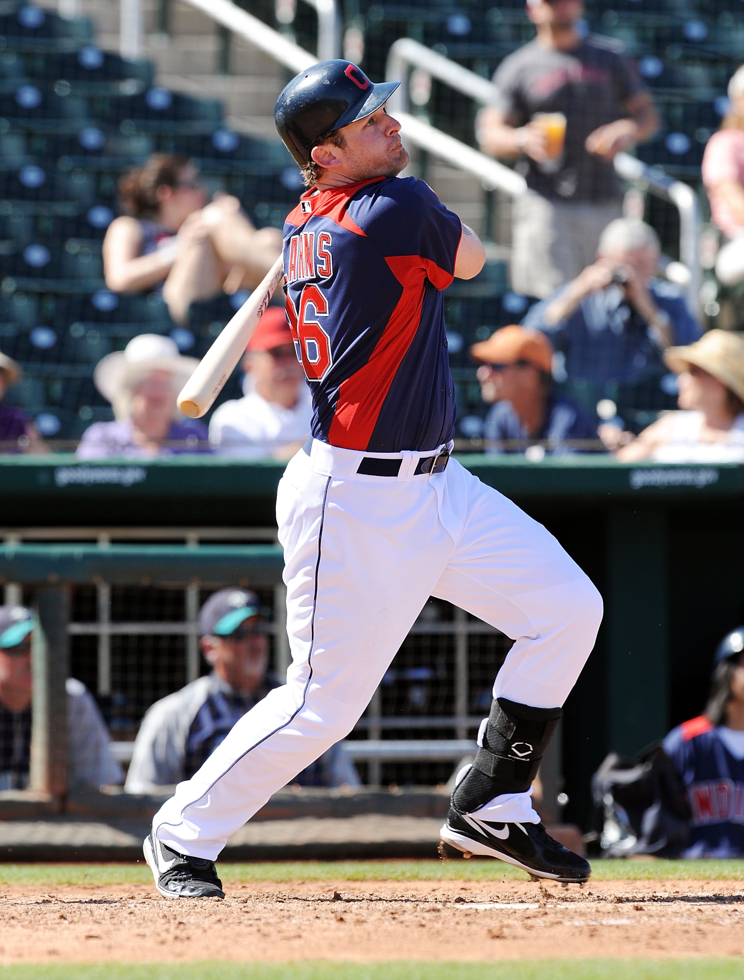 GOODYEAR, AZ - MARCH 11:  Austin Kearns #26 of the Cleveland Indians follows through on a swing against the Seattle Mariners at Goodyear Ballpark on March 11, 2011 in Goodyear, Arizona.  (Photo by Norm Hall/Getty Images)