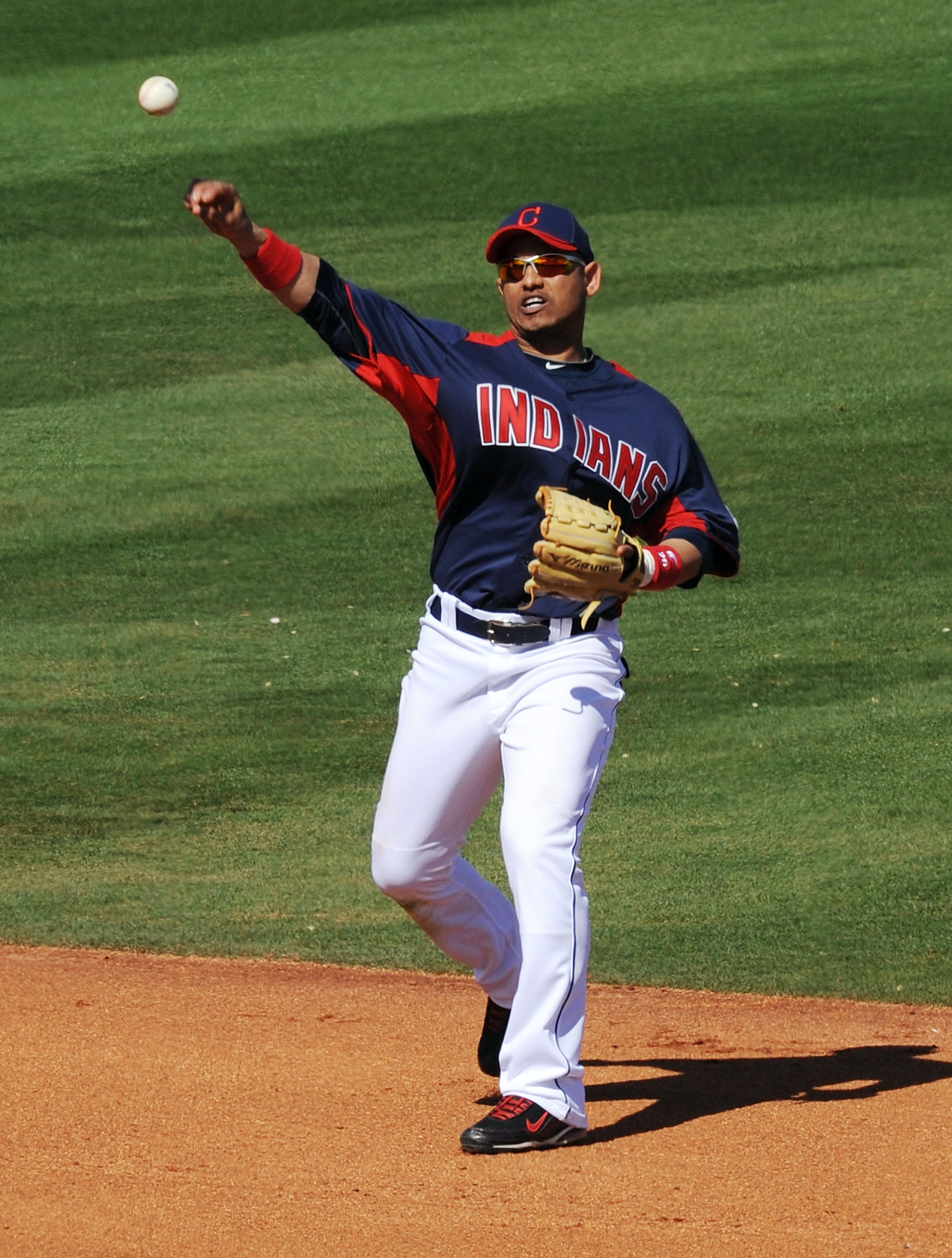 GOODYEAR, AZ - FEBRUARY 27:  Orlando Cabrera #20 of the Cleveland Indians throws the ball to first base against the Cincinnati Reds at Goodyear Ballpark on February 27, 2011 in Goodyear, Arizona.  (Photo by Norm Hall/Getty Images)