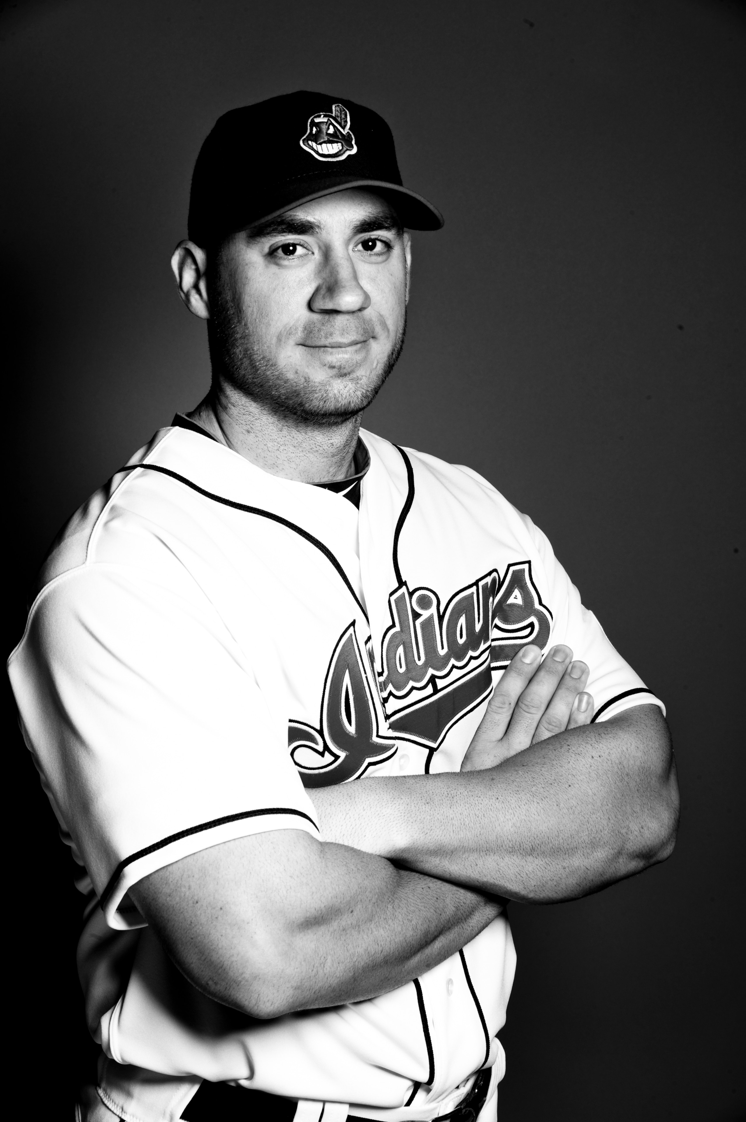 GOODYEAR, AZ - FEBRUARY 22: (*** EDITOR'S NOTE*** IMAGE HAS BEEN DIGITALLY CONVERTED TO BLACK & WHITE) Travis Haffner #48 of the Cleveland Indians poses during their photo day at the Cleveland Indians Spring Training Complex on February 22, 2011 in Goodye
