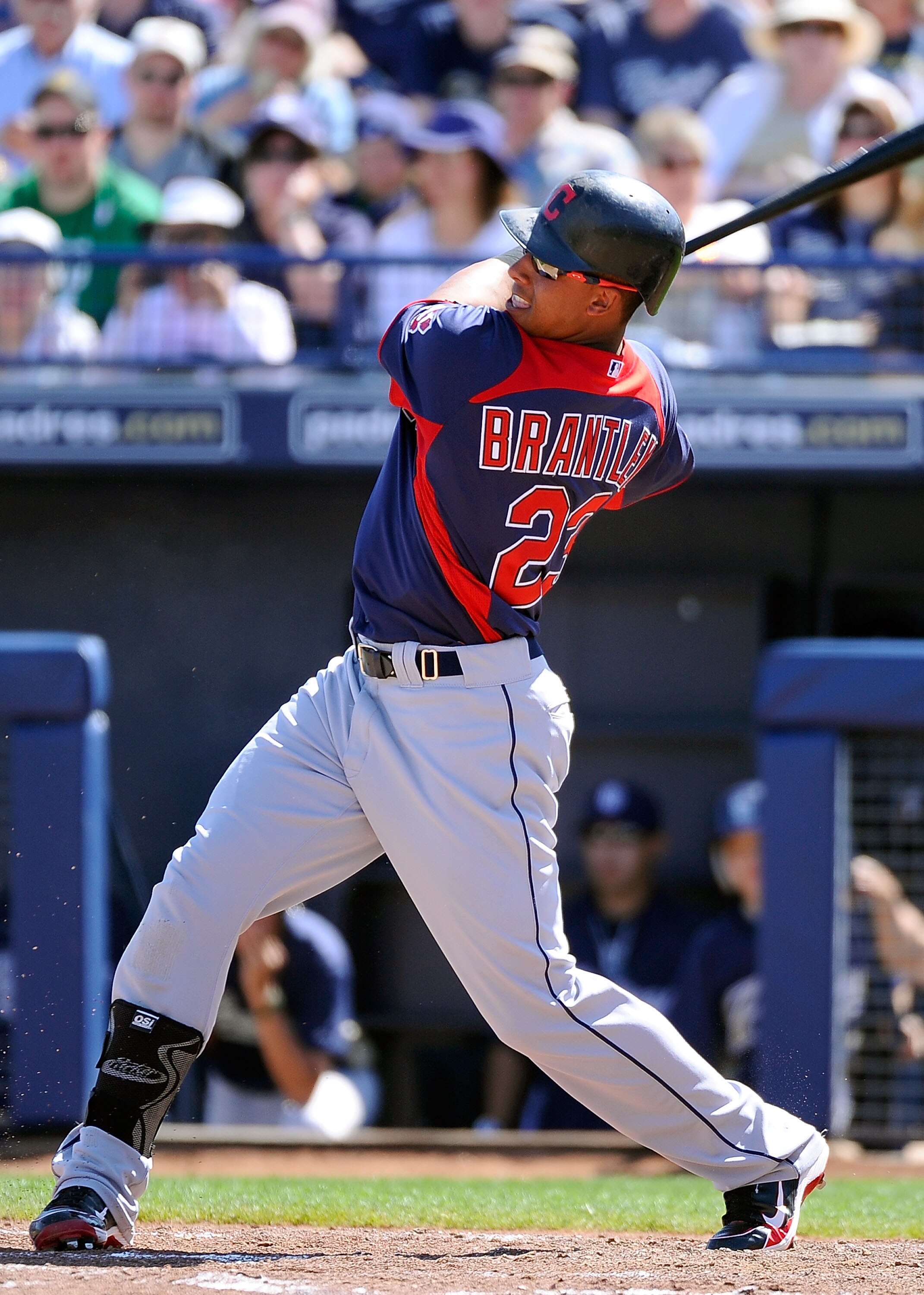 PEORIA, AZ - MARCH 13:  Michael Brantley #23 of the Cleveland Indians at bat against the San Diego Padres during the spring training baseball game at Peoria Stadium on March 13, 2011 in Peoria, Arizona.  (Photo by Kevork Djansezian/Getty Images)