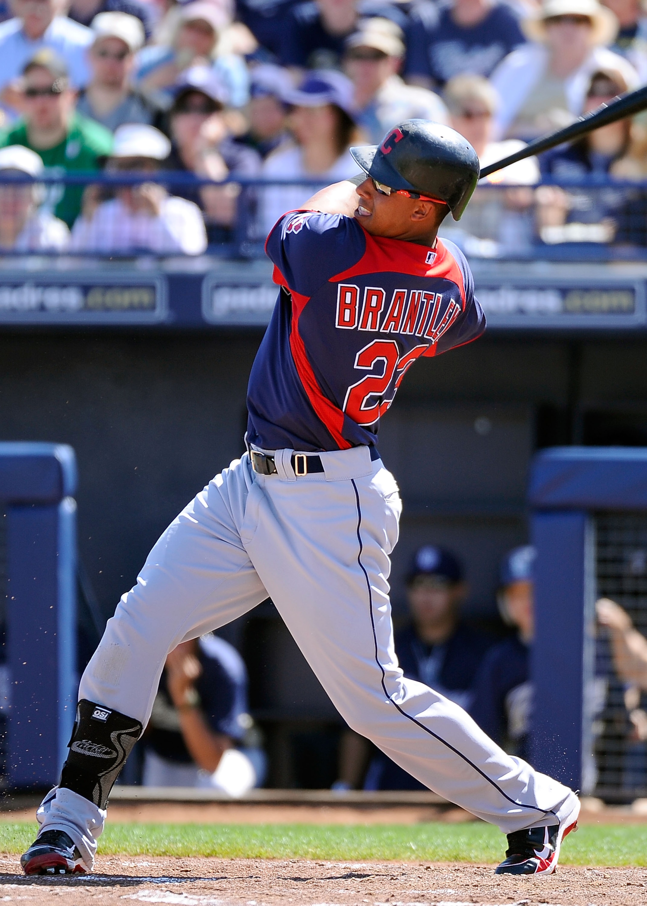 PEORIA, AZ - MARCH 13:  Michael Brantley #23 of the Cleveland Indians at bat against the San Diego Padres during the spring training baseball game at Peoria Stadium on March 13, 2011 in Peoria, Arizona.  (Photo by Kevork Djansezian/Getty Images)