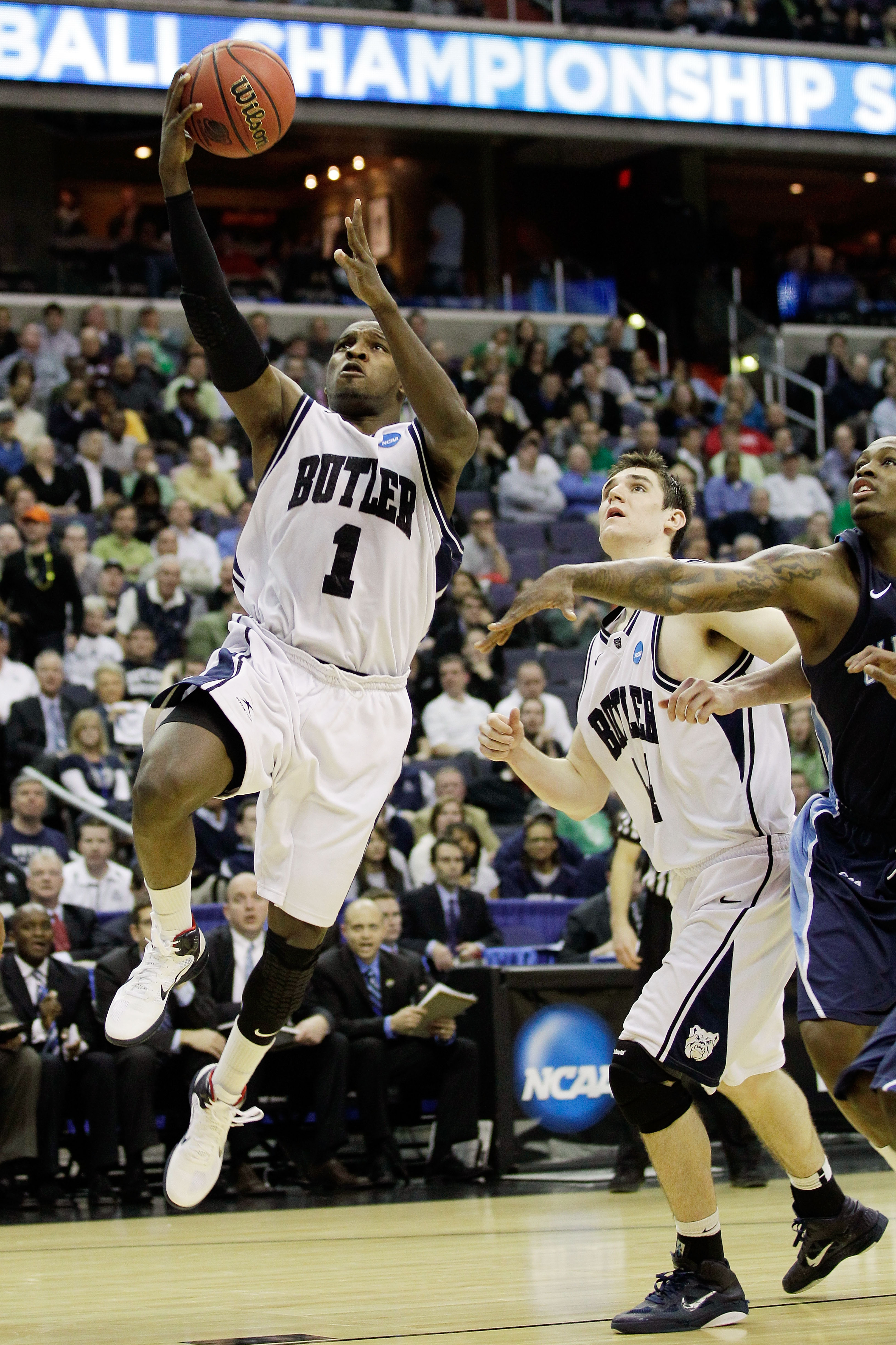 WASHINGTON - MARCH 17:  Shelvin Mack #1 of the Butler Bulldogs puts in a layup against the Old Dominion Monarchs during the second round of the 2011 NCAA men's basketball tournament at the Verizon Center on March 17, 2011 in Washington, DC.  (Photo by Rob