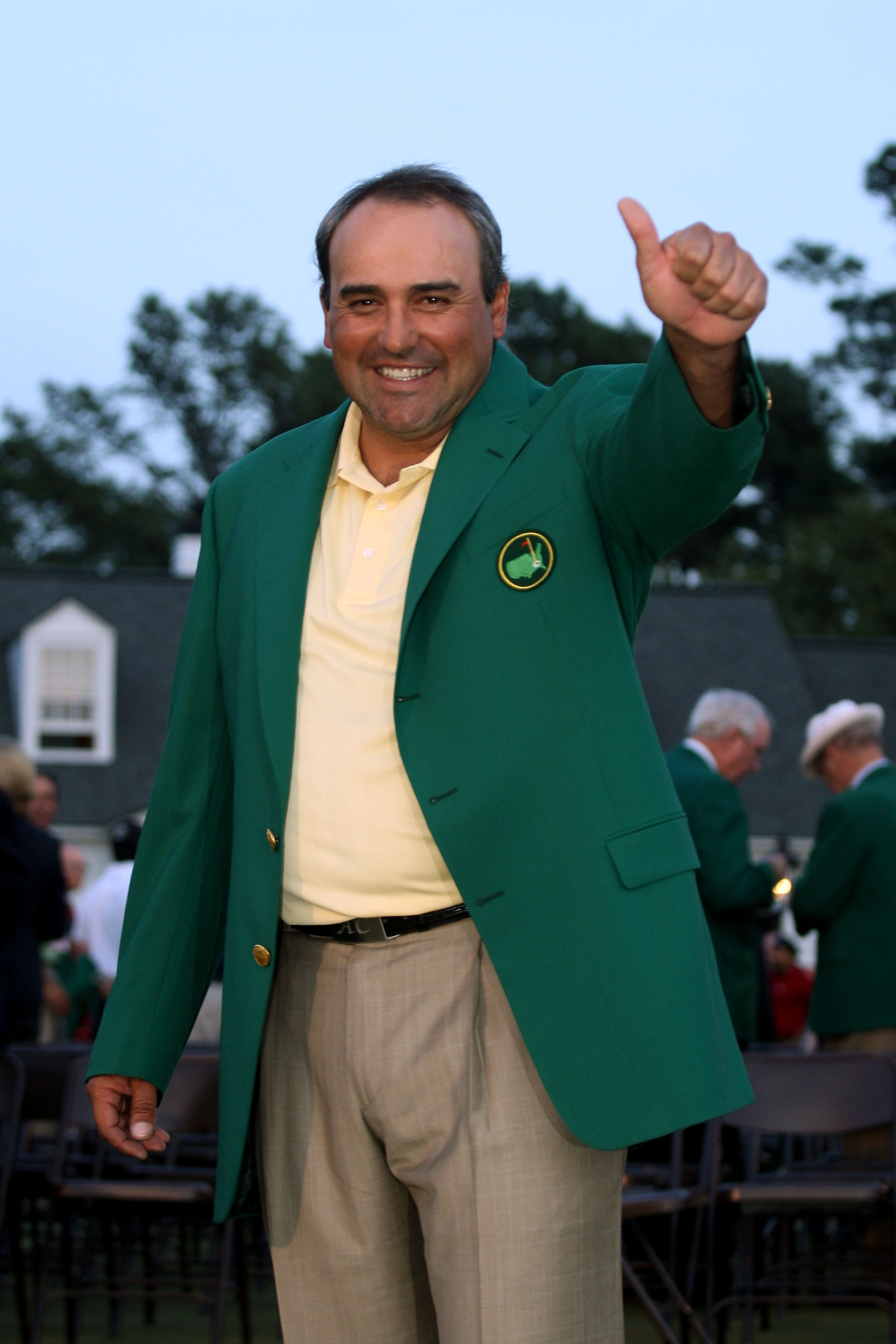 AUGUSTA, GA - APRIL 12:  Angel Cabrera of Argentina celebrates during the green jacket presentation after defeating Kenny Perry on the second sudden death playoff hole to win the 2009 Masters Tournament at Augusta National Golf Club on April 12, 2009 in A