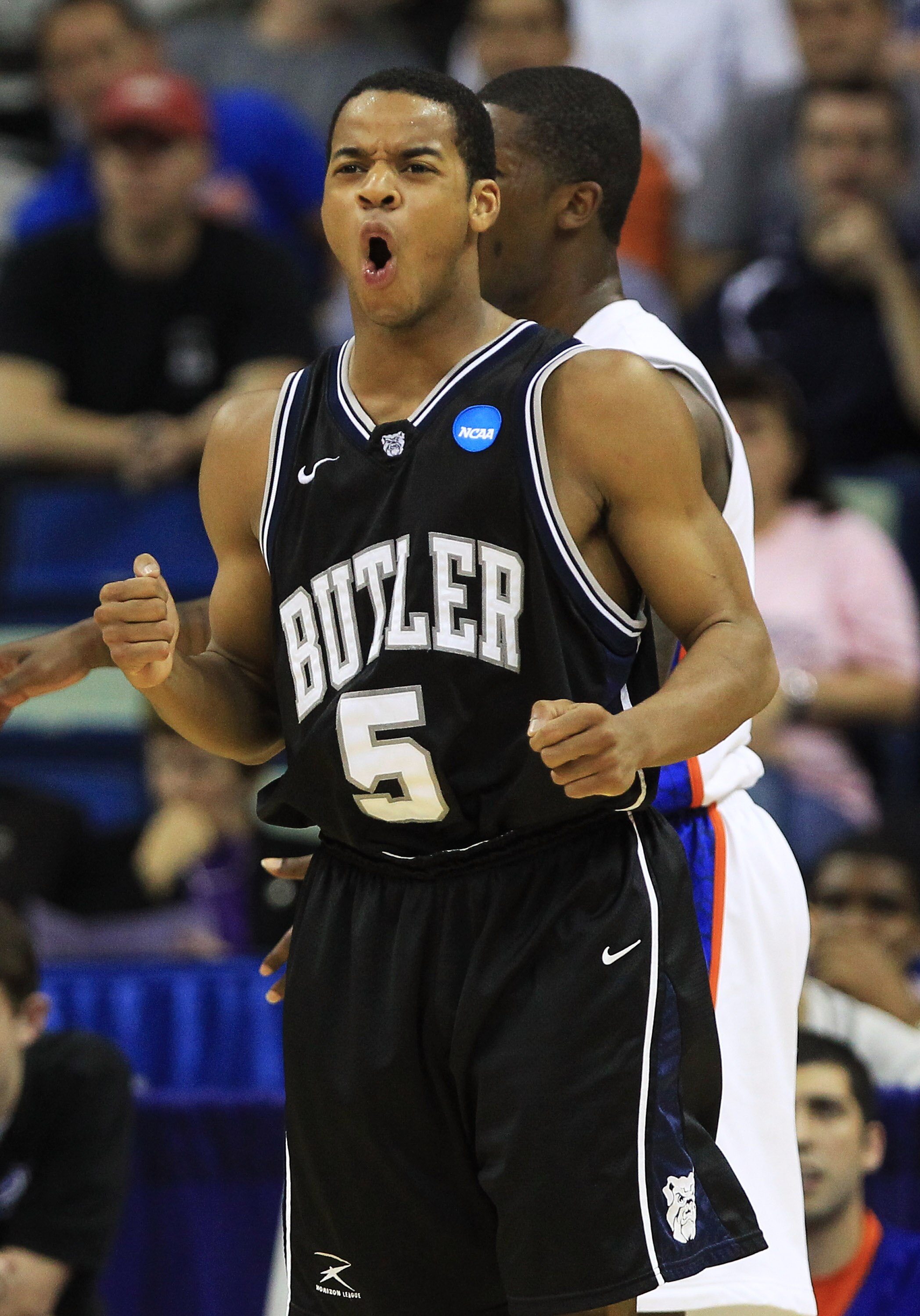 NEW ORLEANS, LA - MARCH 26:  Ronald Nored #5 of the Butler Bulldogs reacts during their game against the Florida Gators in the Southeast regional final of the 2011 NCAA men's basketball tournament at New Orleans Arena on March 26, 2011 in New Orleans, Lou