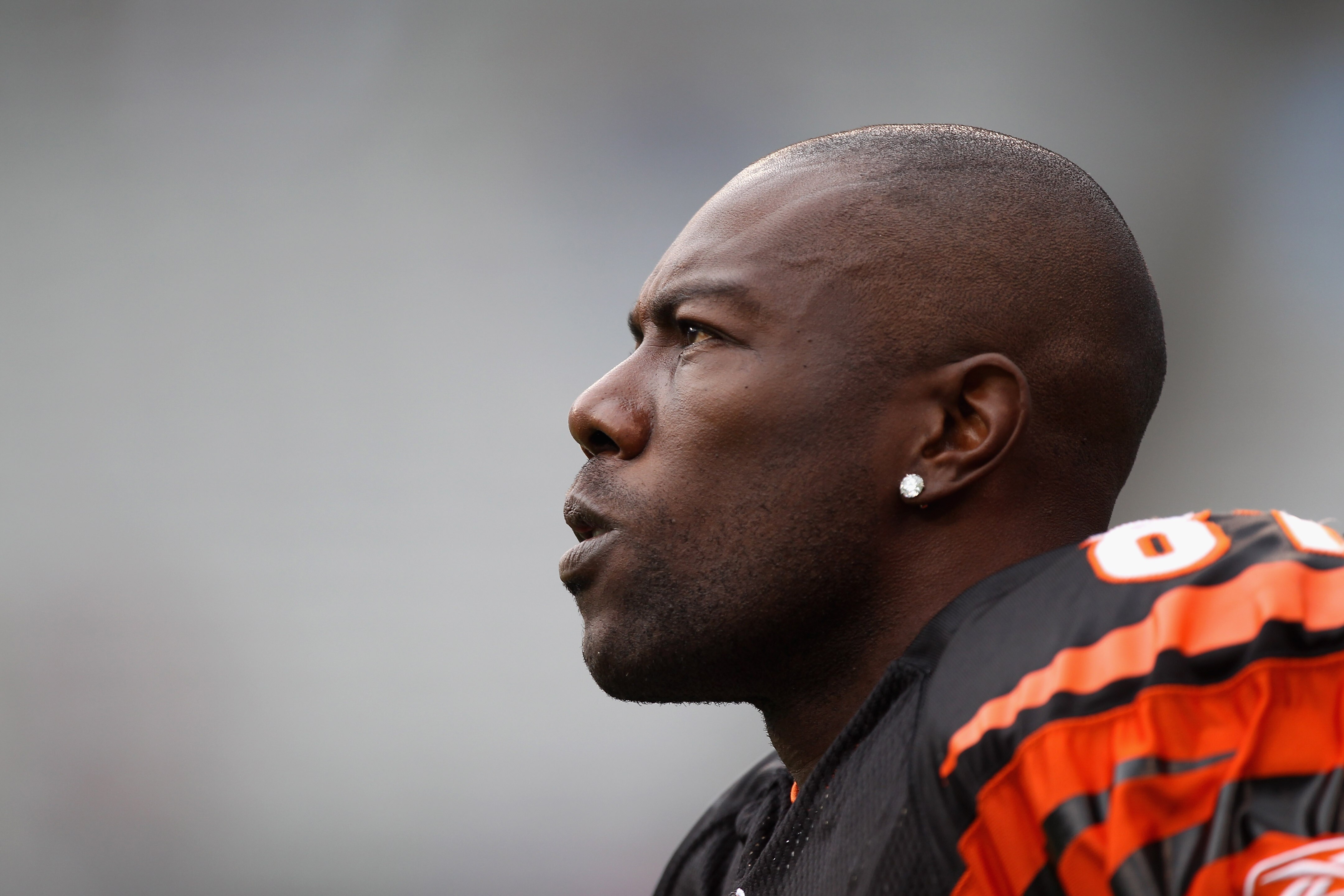 CHARLOTTE, NC - SEPTEMBER 26:  Terrell Owens #81 of the Cincinnati Bengals watches on before the start of their game against the Carolina Panthers at Bank of America Stadium on September 26, 2010 in Charlotte, North Carolina.  (Photo by Streeter Lecka/Get