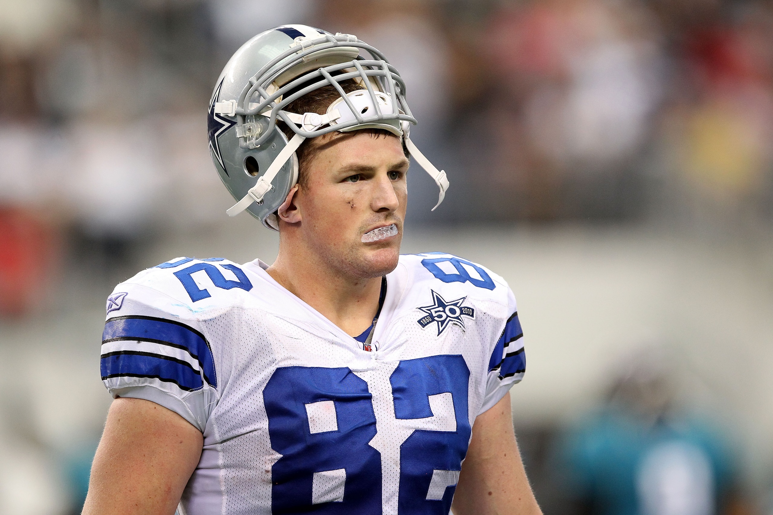 ARLINGTON, TX - OCTOBER 31:  Jaosn Witten #82 of the Dallas Cowboys looks on against the Jacksonville Jaguars at Cowboys Stadium on October 31, 2010 in Arlington, Texas.  (Photo by Ronald Martinez/Getty Images)