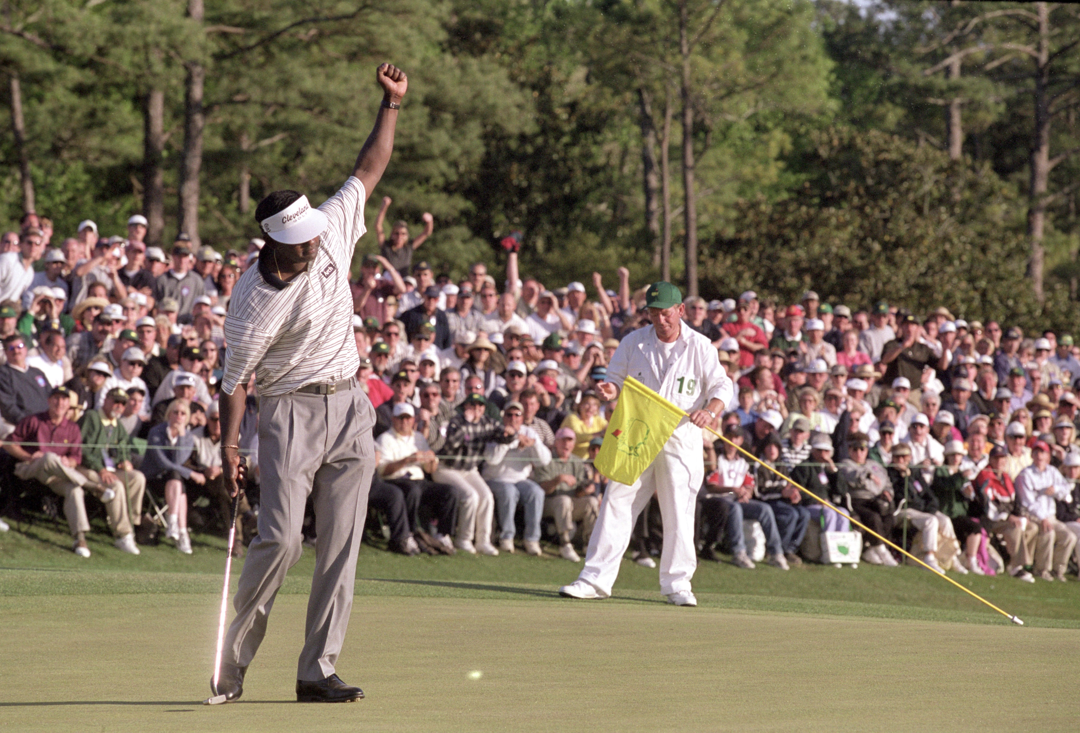 9 Apr 2000:  Vijay Singh of Fiji makes his birdie on the 18th hole during the final round of the US Masters to secure victory at Augusta National at Georgia, USA.  \ Mandatory Credit:  Andrew Redington /Allsport