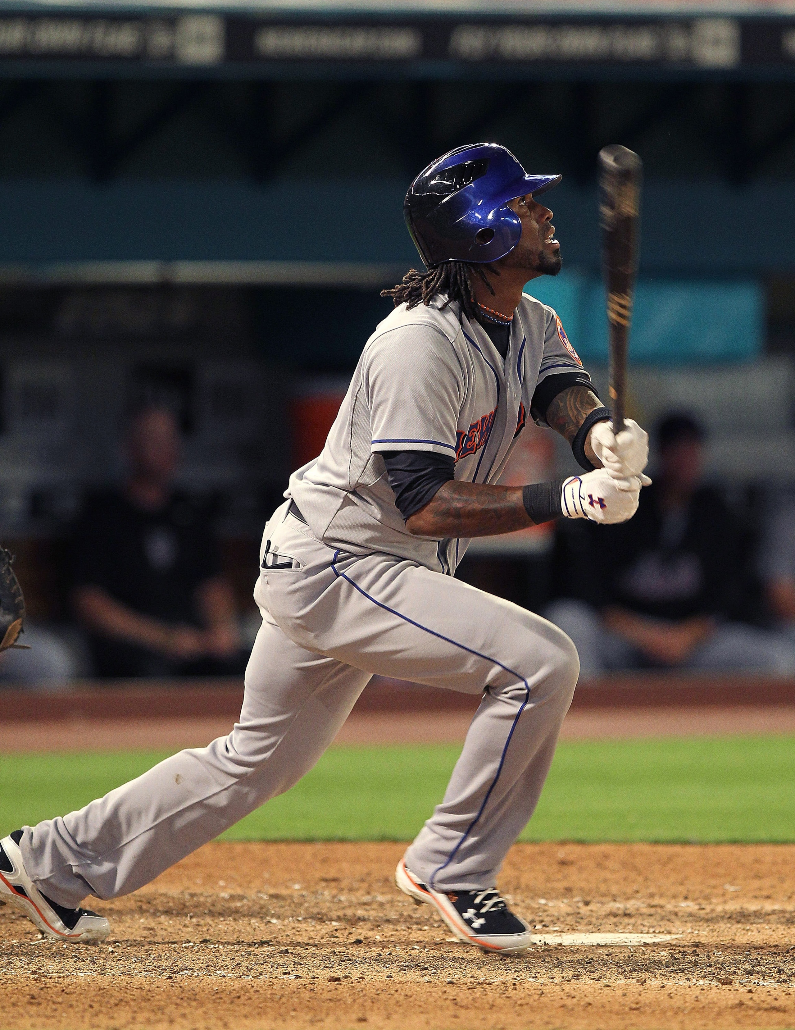 MIAMI GARDENS, FL - APRIL 01:  Jose Reyes #7 of the New York Mets hits a fly ball during opening day against the Florida Marlins at Sun Life Stadium on April 1, 2011 in Miami Gardens, Florida.  (Photo by Mike Ehrmann/Getty Images)